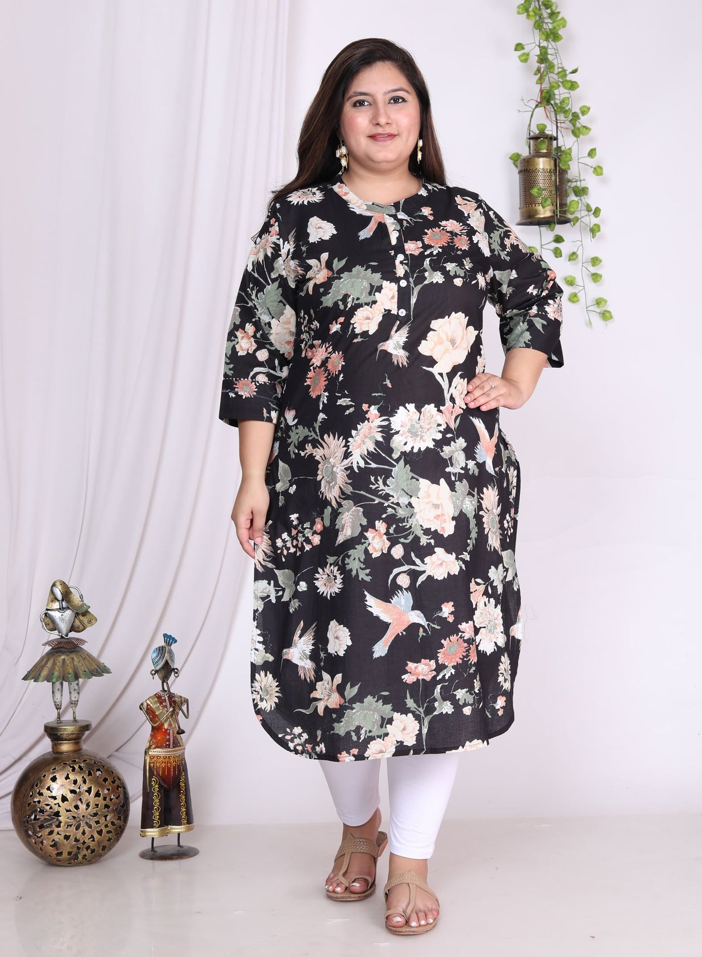 Plus Size Black Cotton Floral Print Straight Kurta