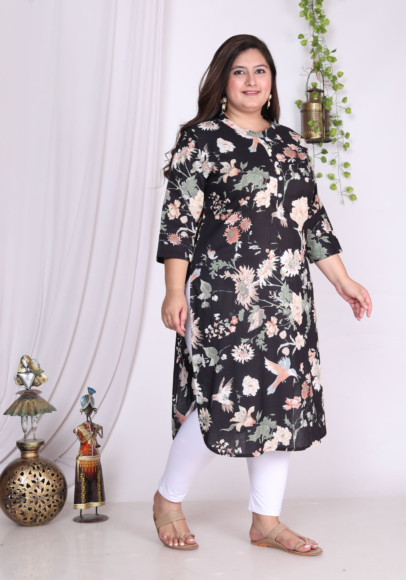 Black Cotton Floral Print Straight Kurta