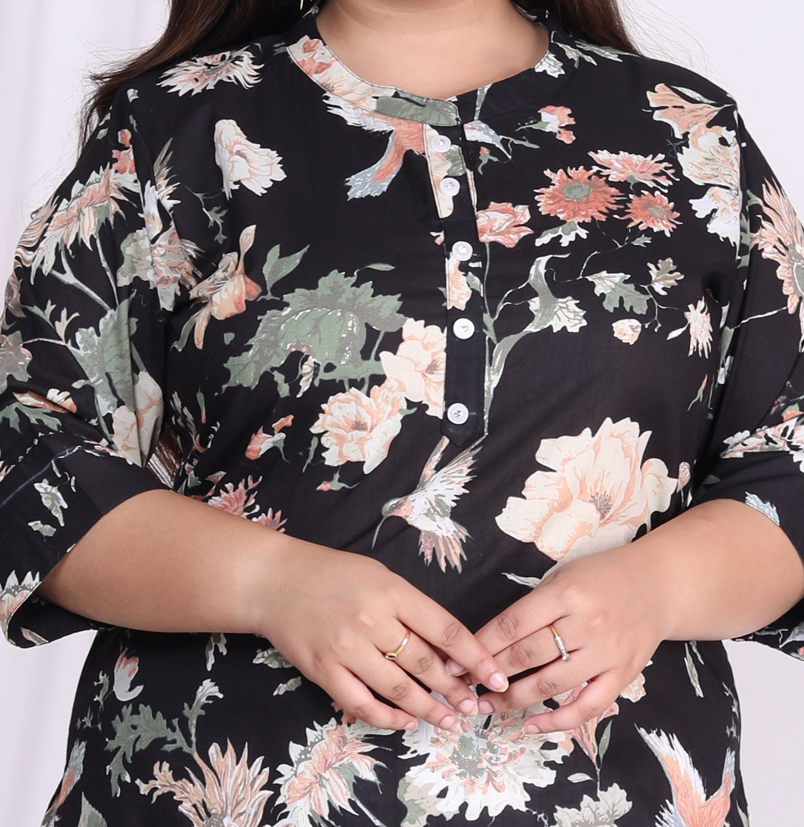 Plus Size Black Cotton Floral Print Straight Kurta