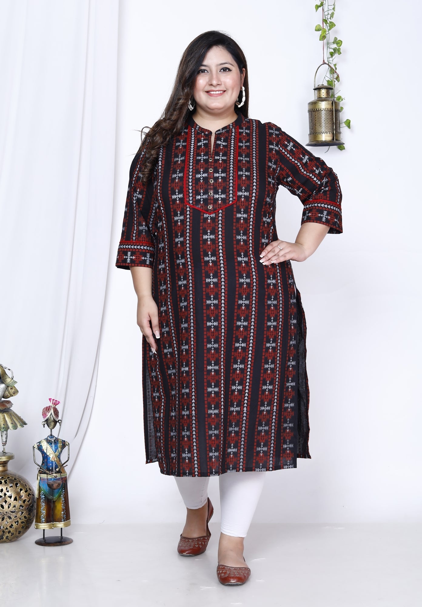 Plus Size Black Cotton Abstract Print Straight Kurta-100009