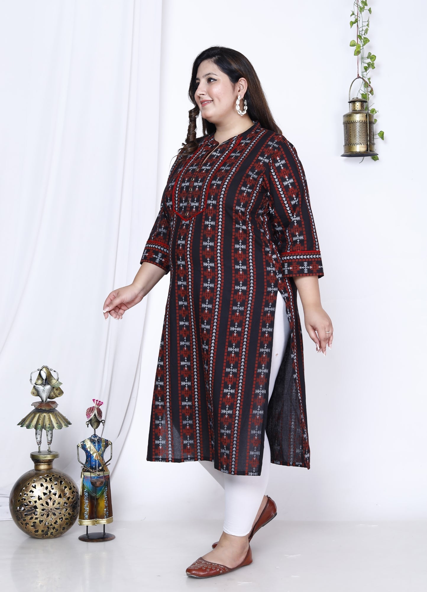 Plus Size Black Cotton Abstract Print Straight Kurta-100009