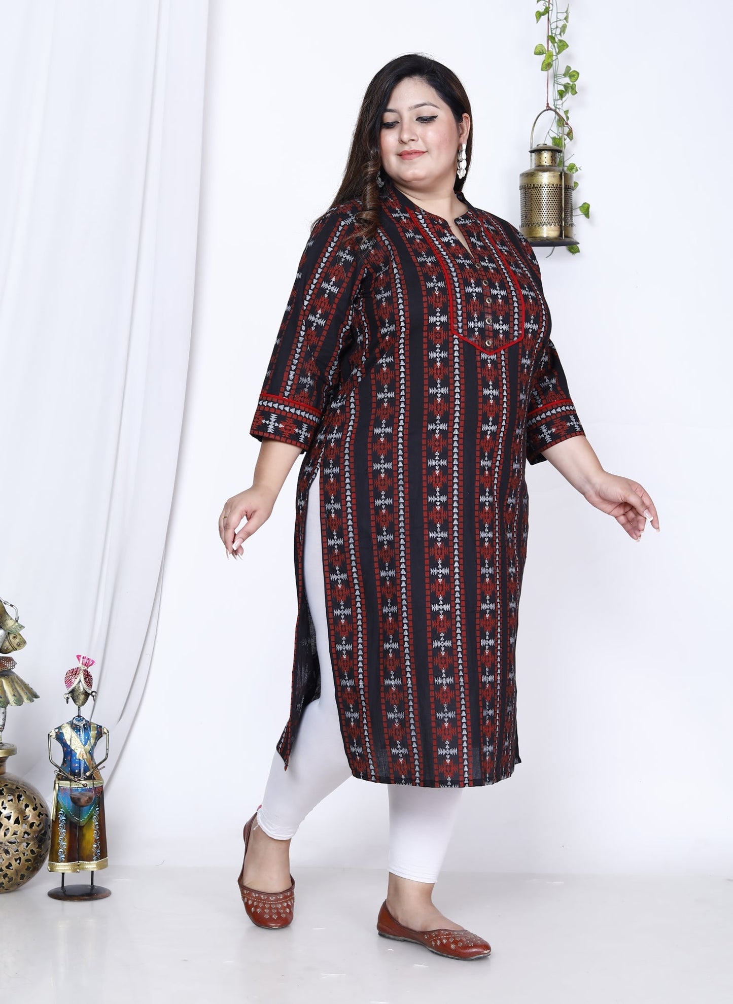 Plus Size Black Cotton Abstract Print Straight Kurta-100009