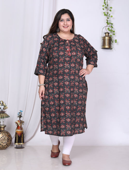 Plus Size Black Cotton Floral Print Straight Kurta-100014