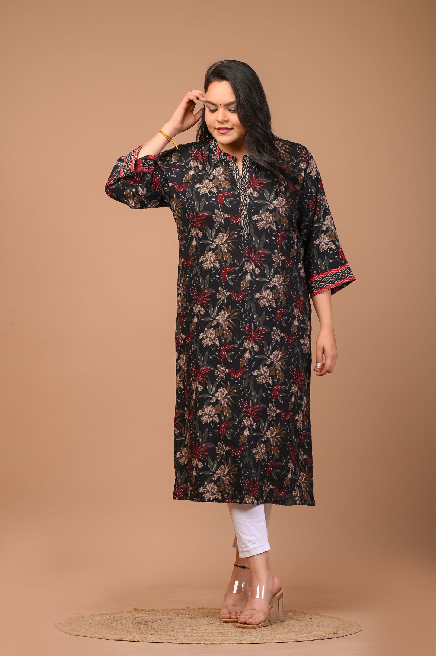 Plus Size Black Cotton Blend Floral Print Straight Kurta-100021