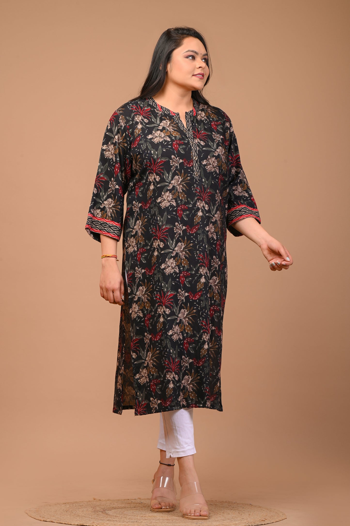 Plus Size Black Cotton Blend Floral Print Straight Kurta-100021