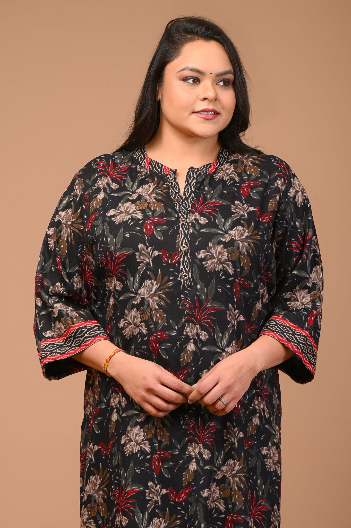 Plus Size Black Cotton Blend Floral Print Straight Kurta-100021