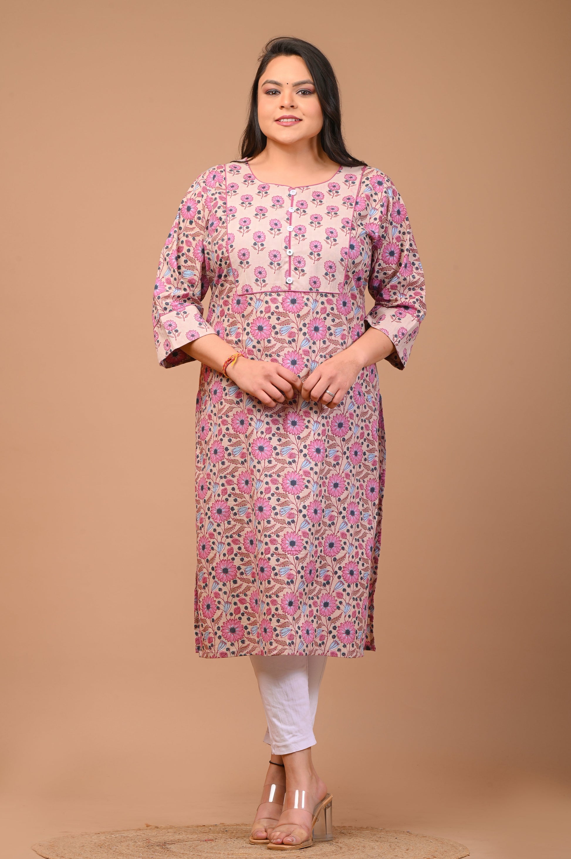 Plus Size Beige Cotton Straight Kurta