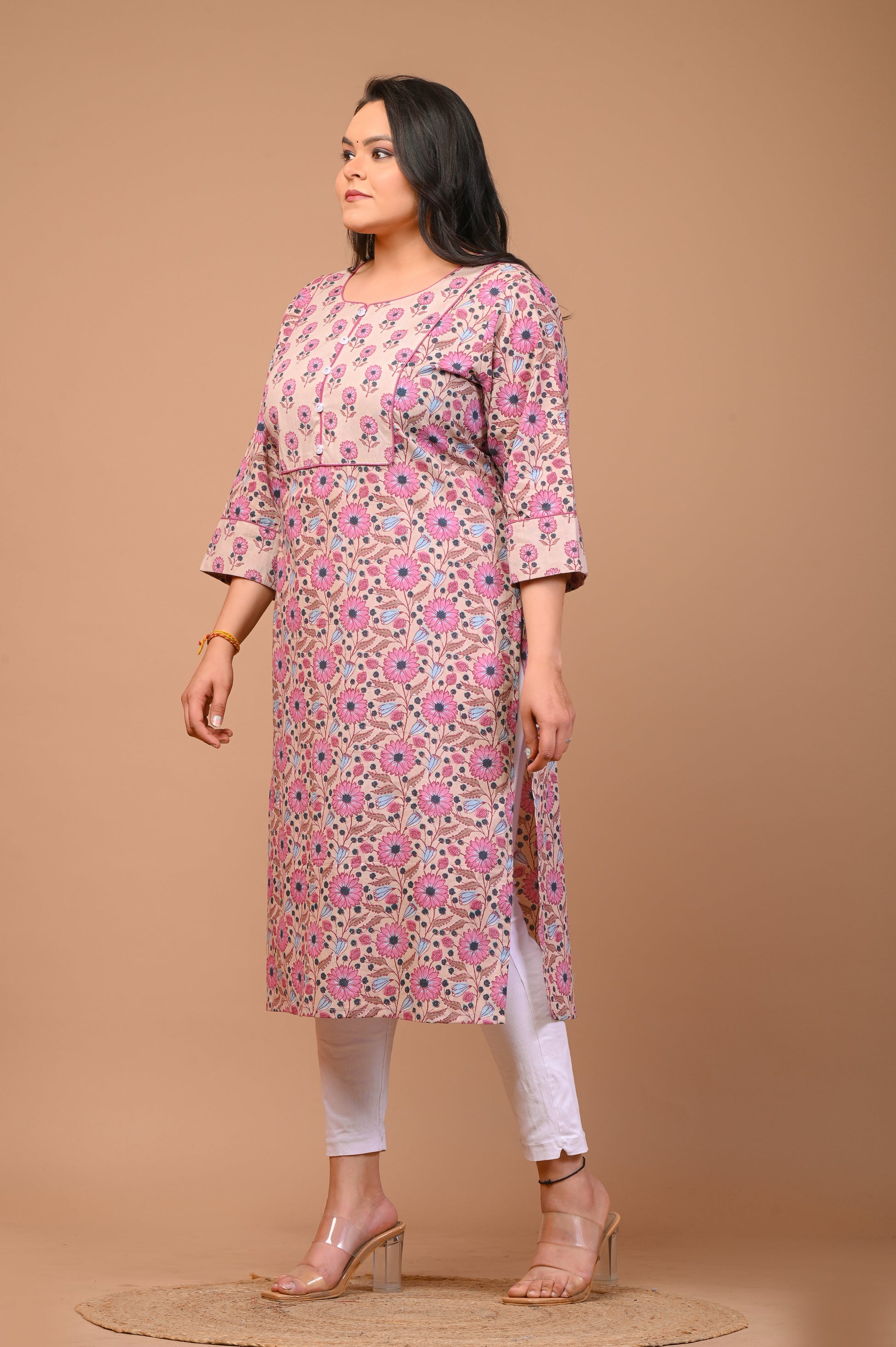 Plus Size Beige Cotton Straight Kurta