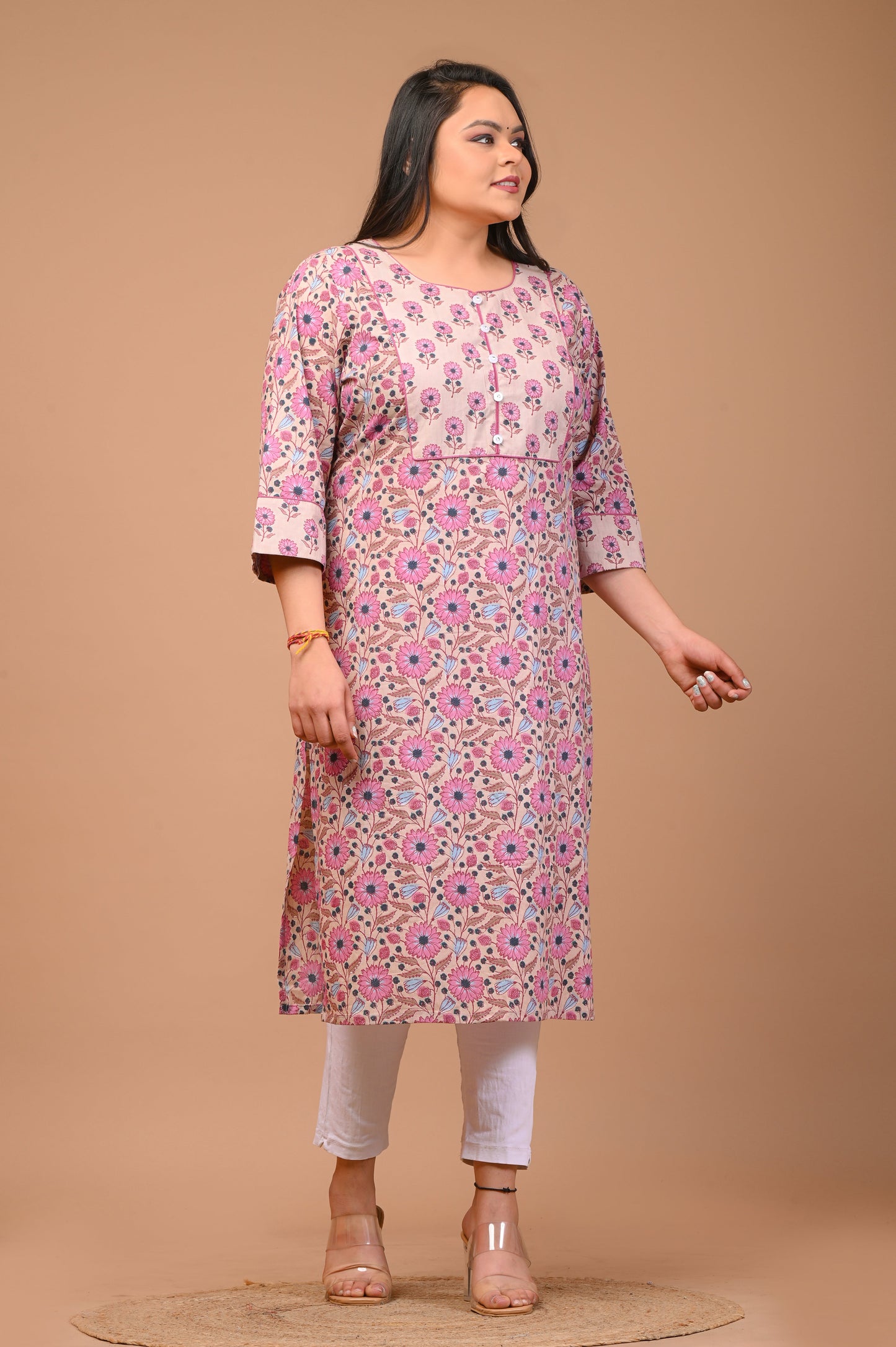 Plus Size Beige Cotton Straight Kurta