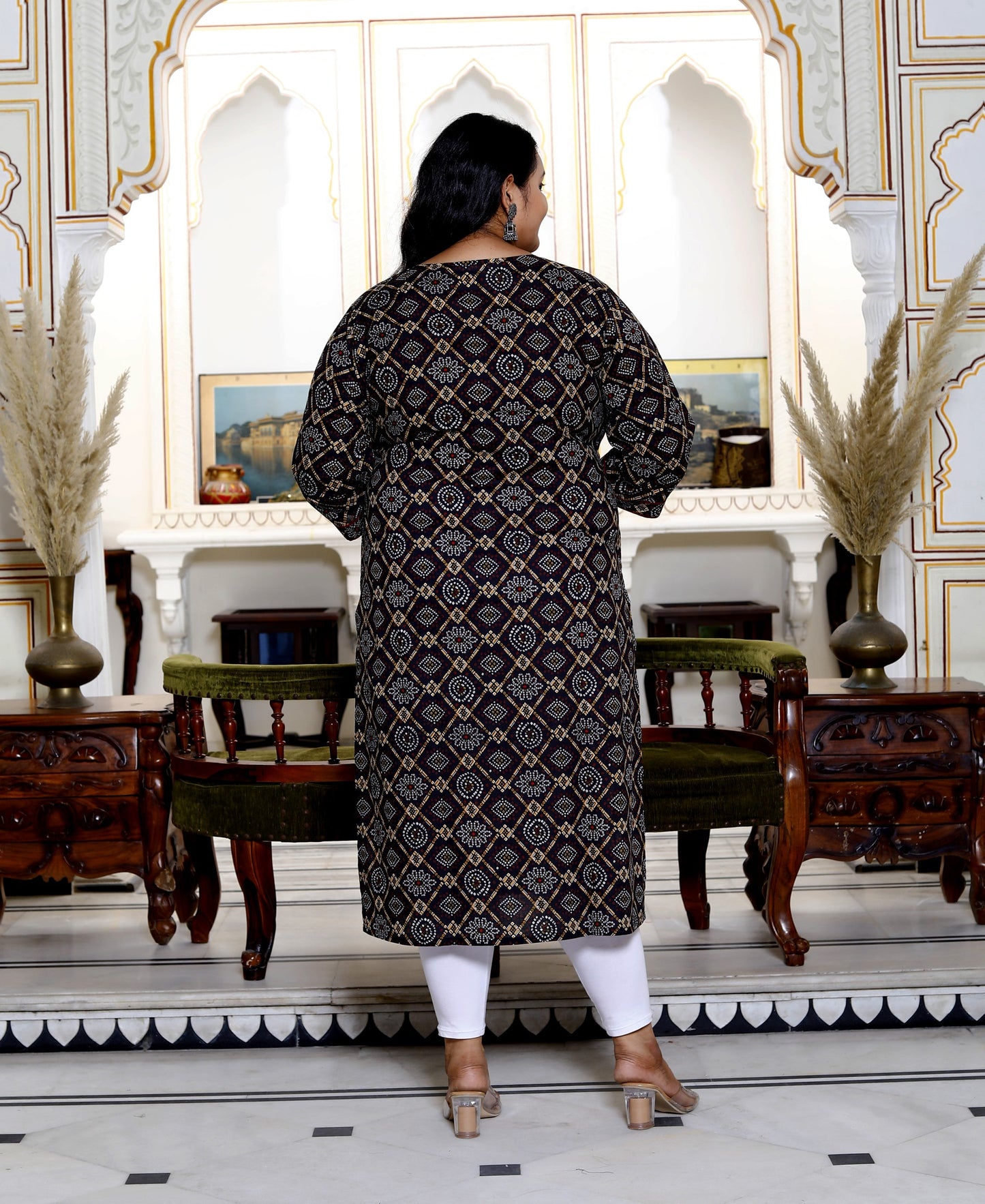 Plus Size Black Cotton Floral Print Straight Kurta-100031