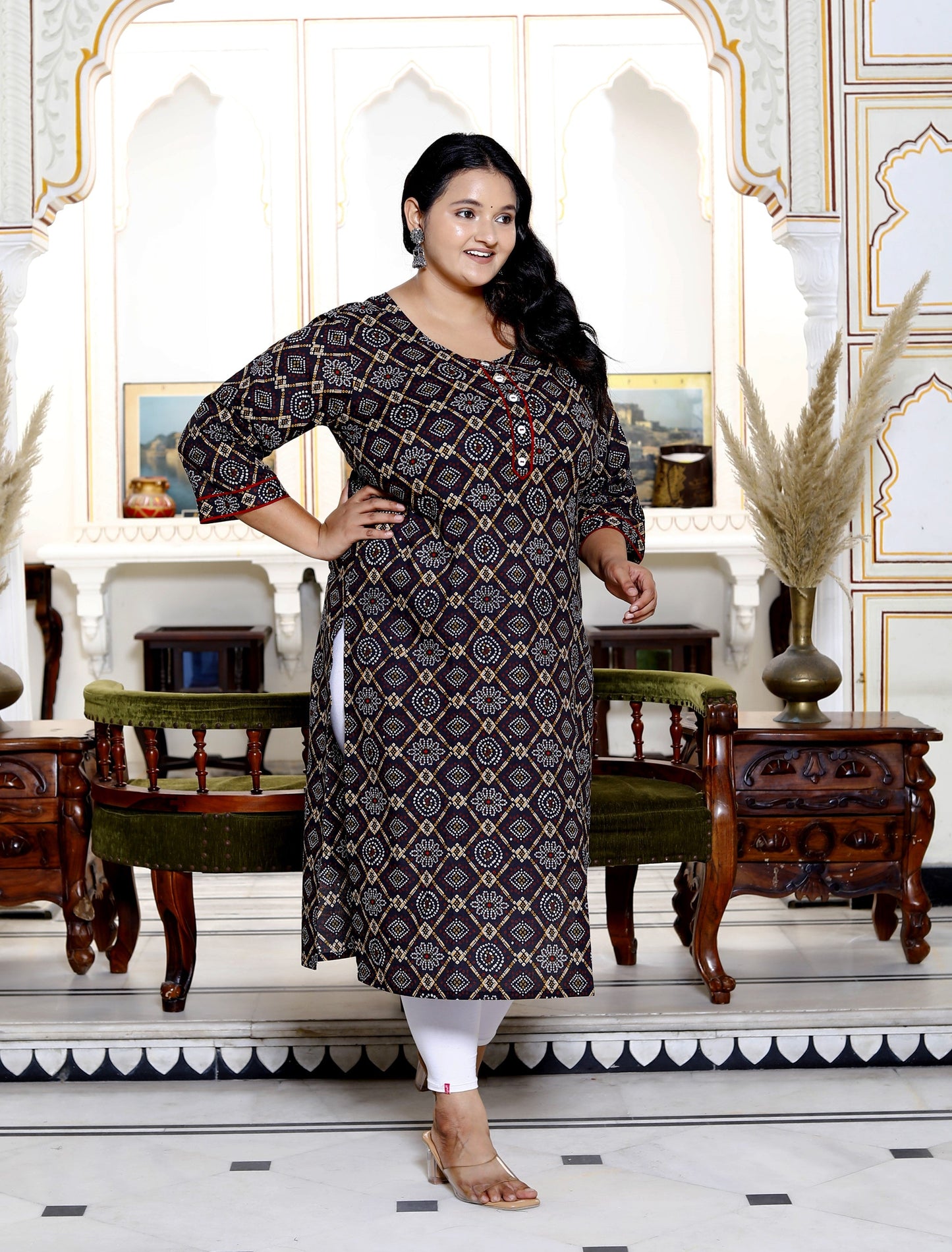 Plus Size Black Cotton Floral Print Straight Kurta-100031