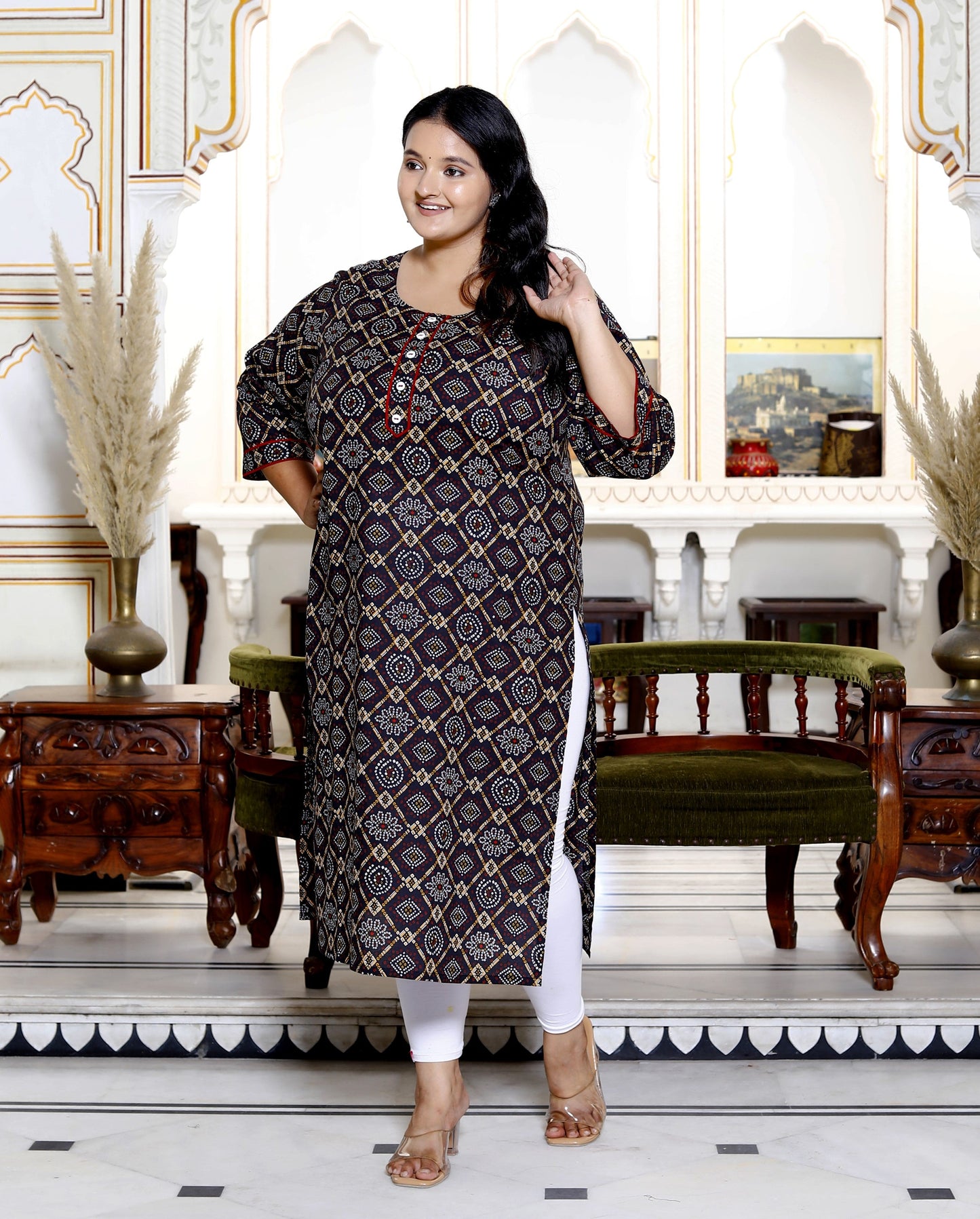 Plus Size Black Cotton Floral Print Straight Kurta-100031