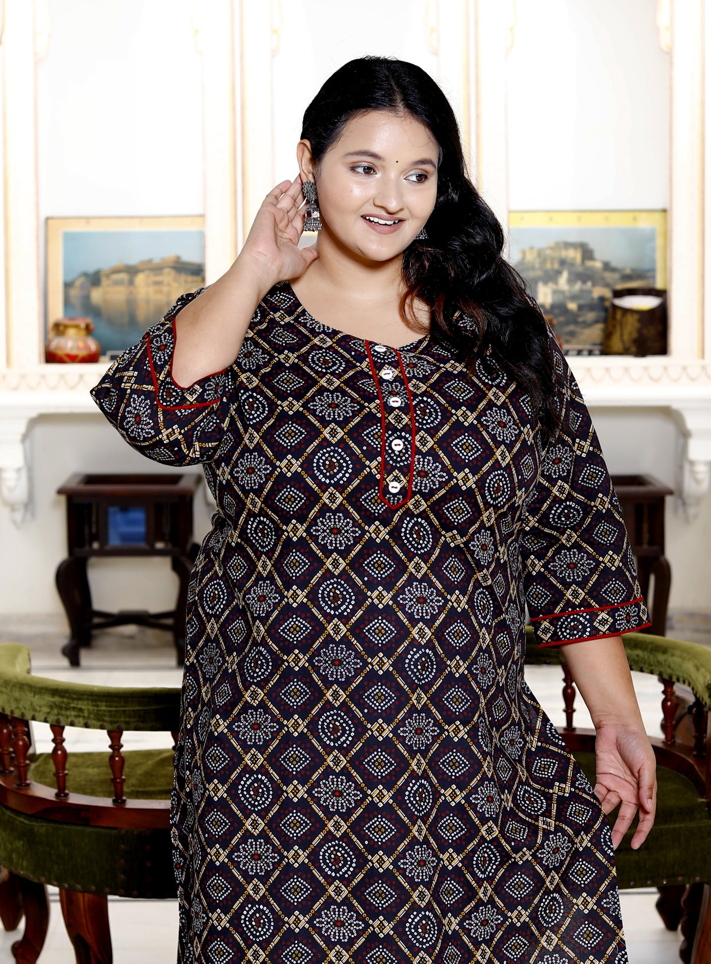 Plus Size Black Cotton Floral Print Straight Kurta-100031