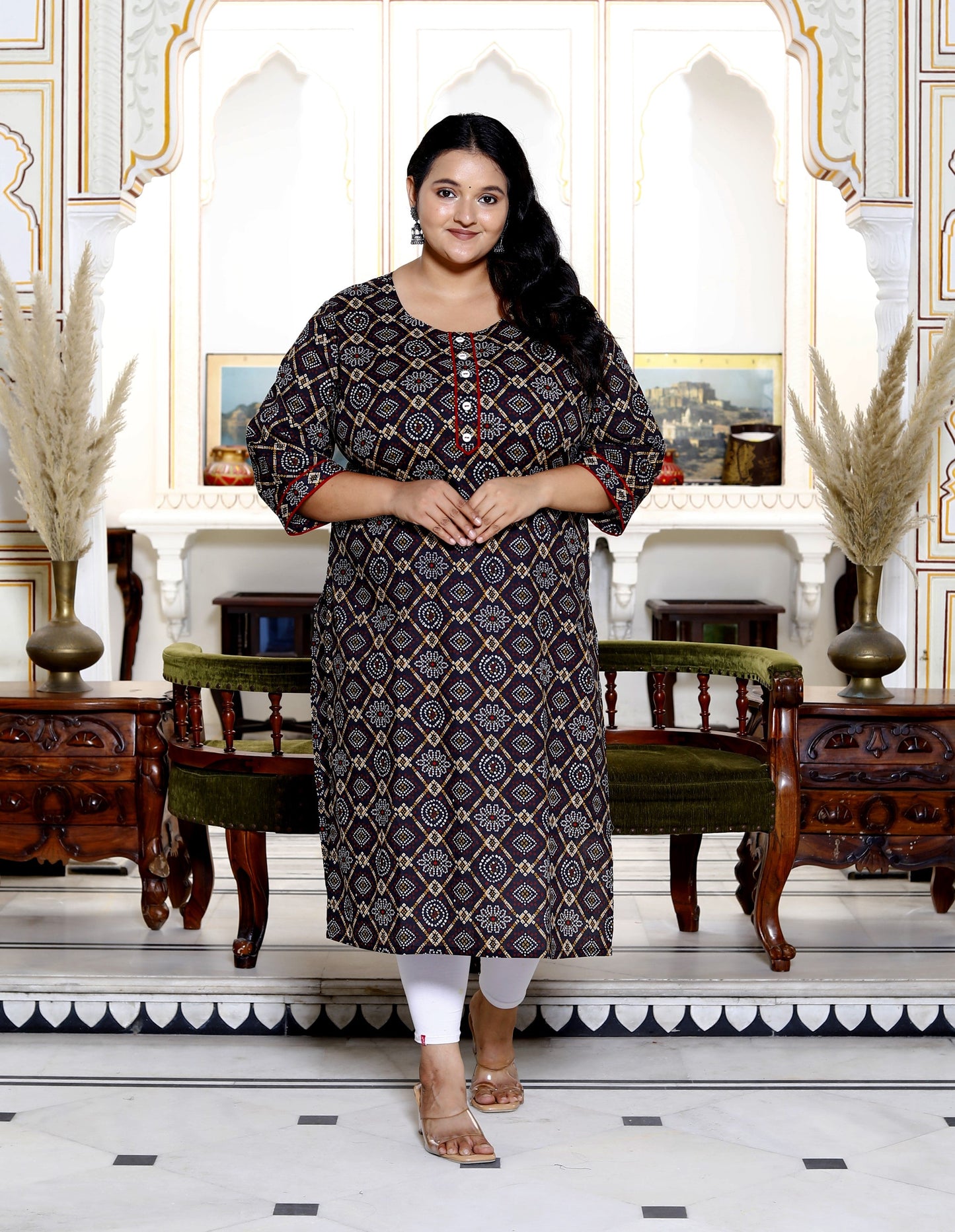 Plus Size Black Cotton Floral Print Straight Kurta-100031