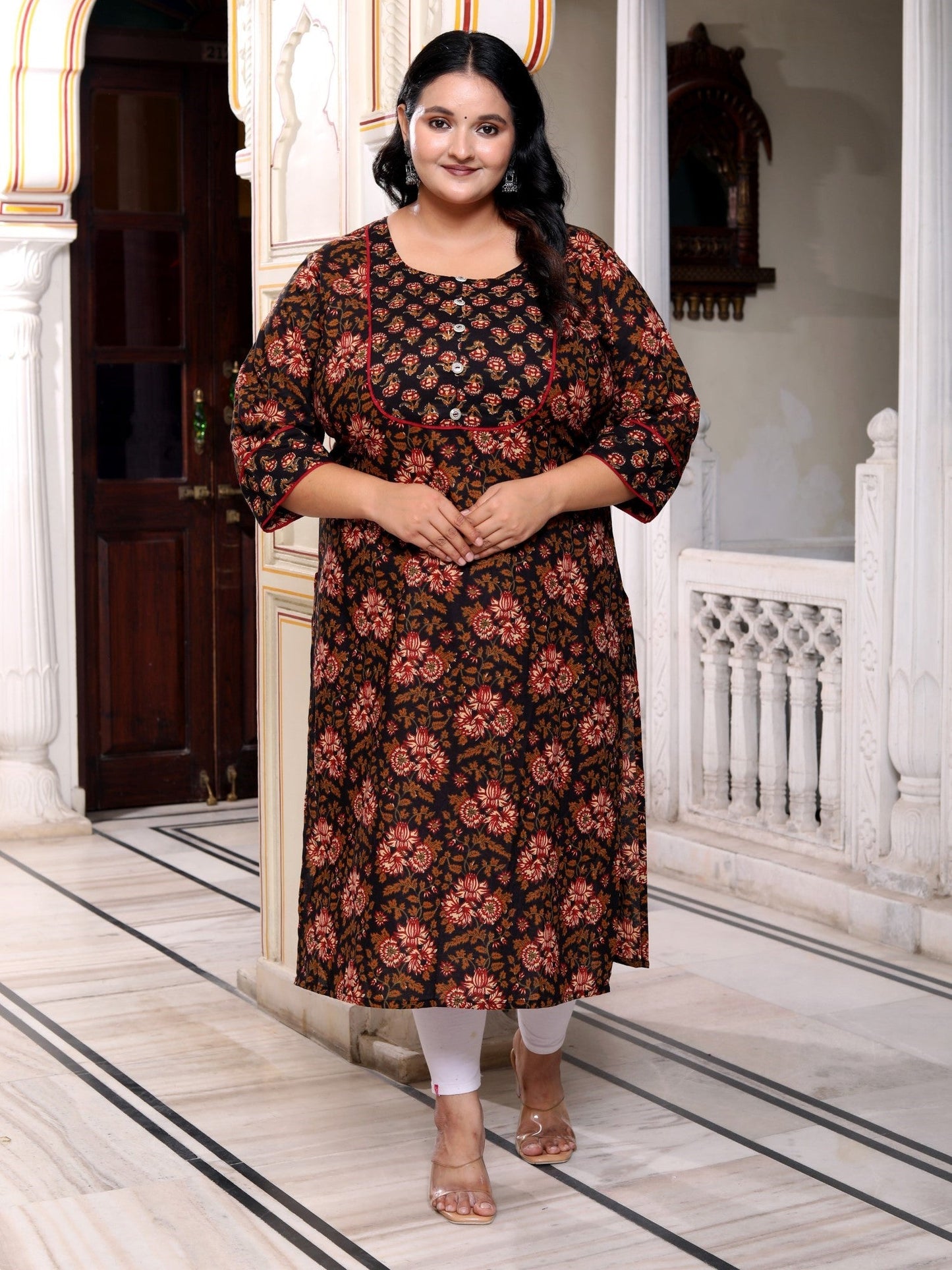 Plus Size Black Cotton Floral Print Straight Kurta-100038