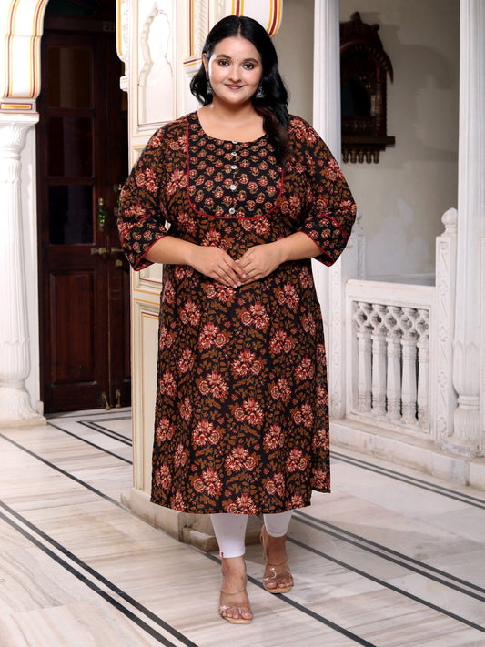 Plus Size Black Cotton Floral Print Straight Kurta-100038