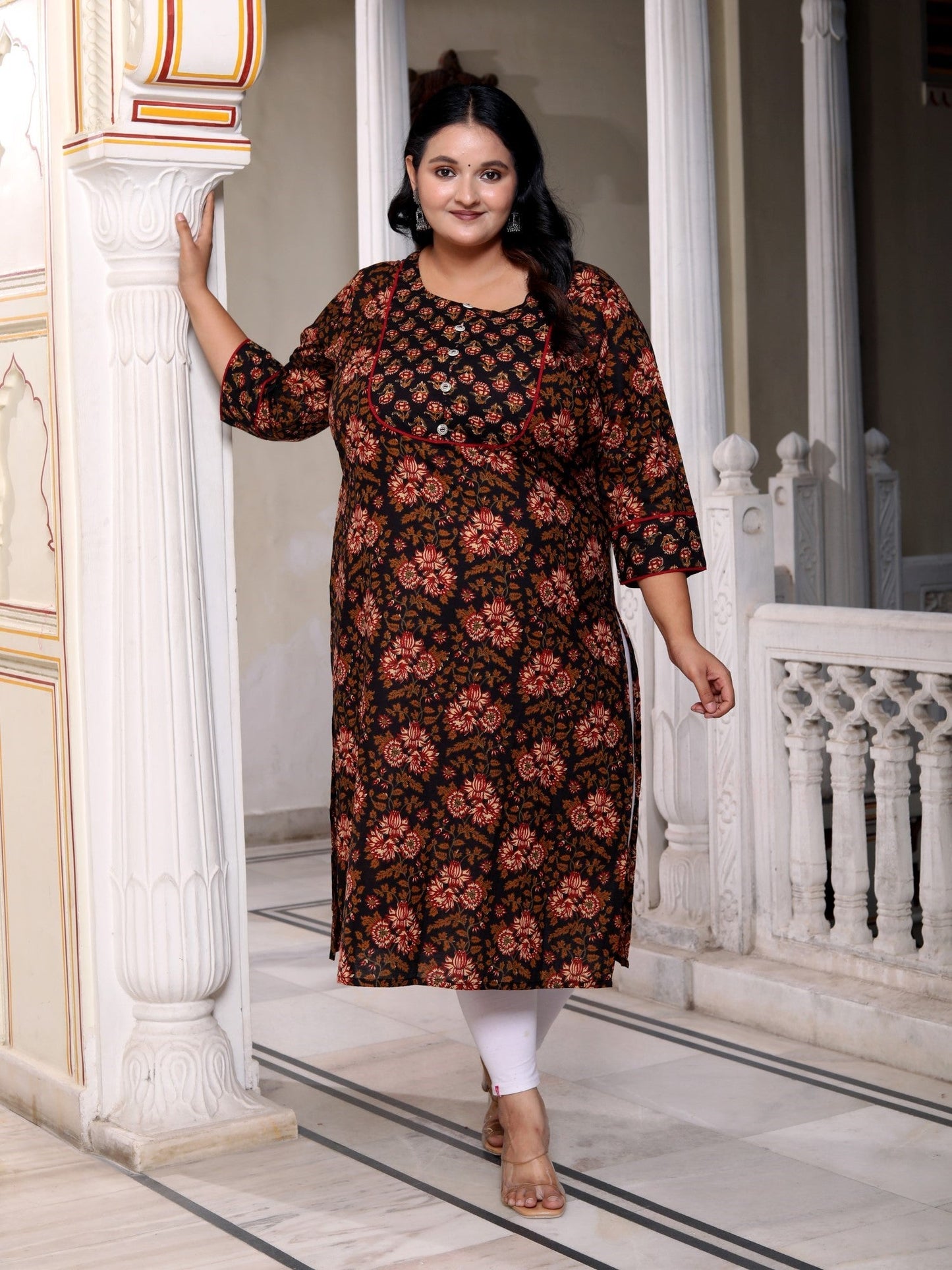 Plus Size Black Cotton Floral Print Straight Kurta-100038