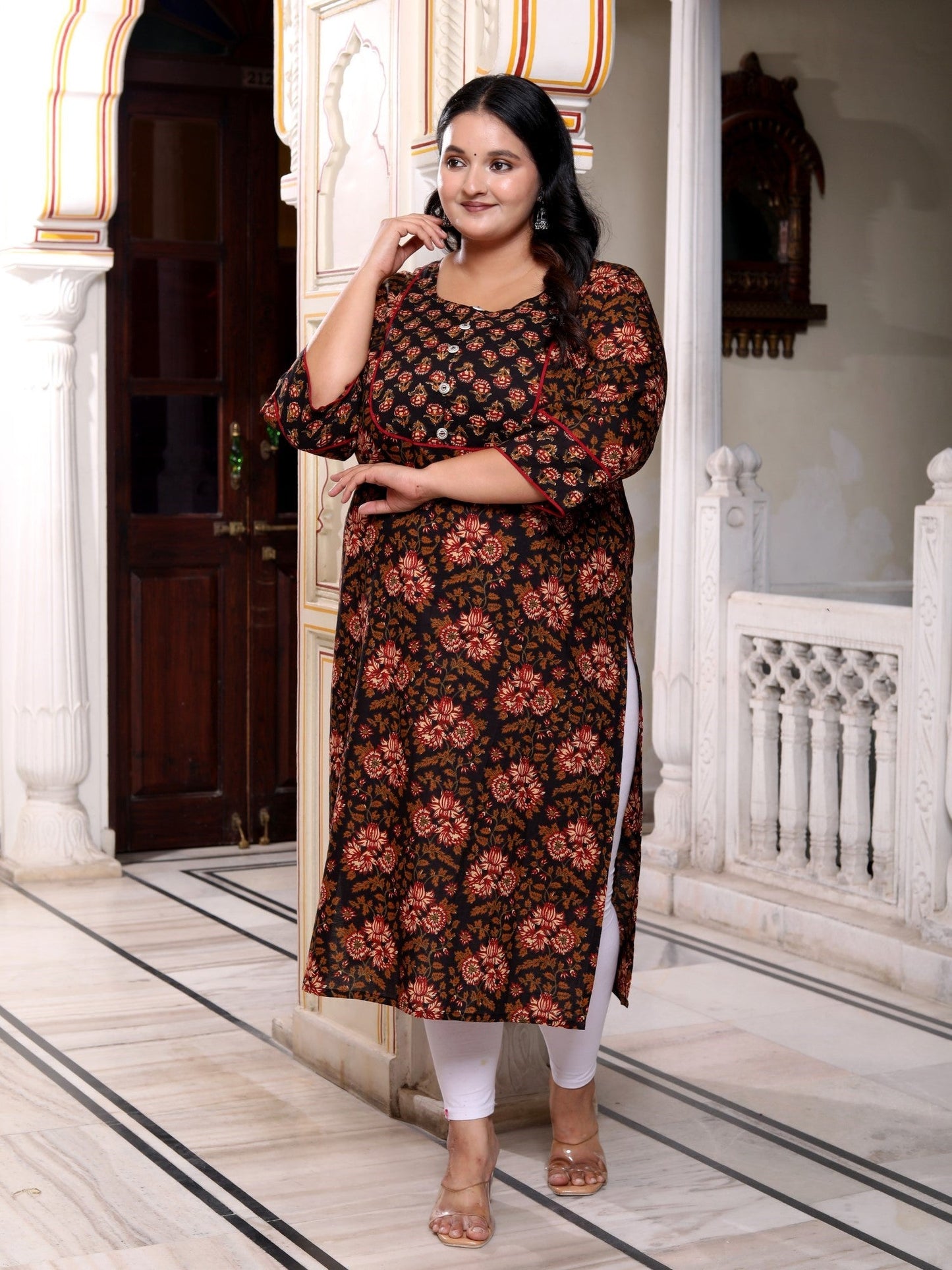 Plus Size Black Cotton Floral Print Straight Kurta-100038