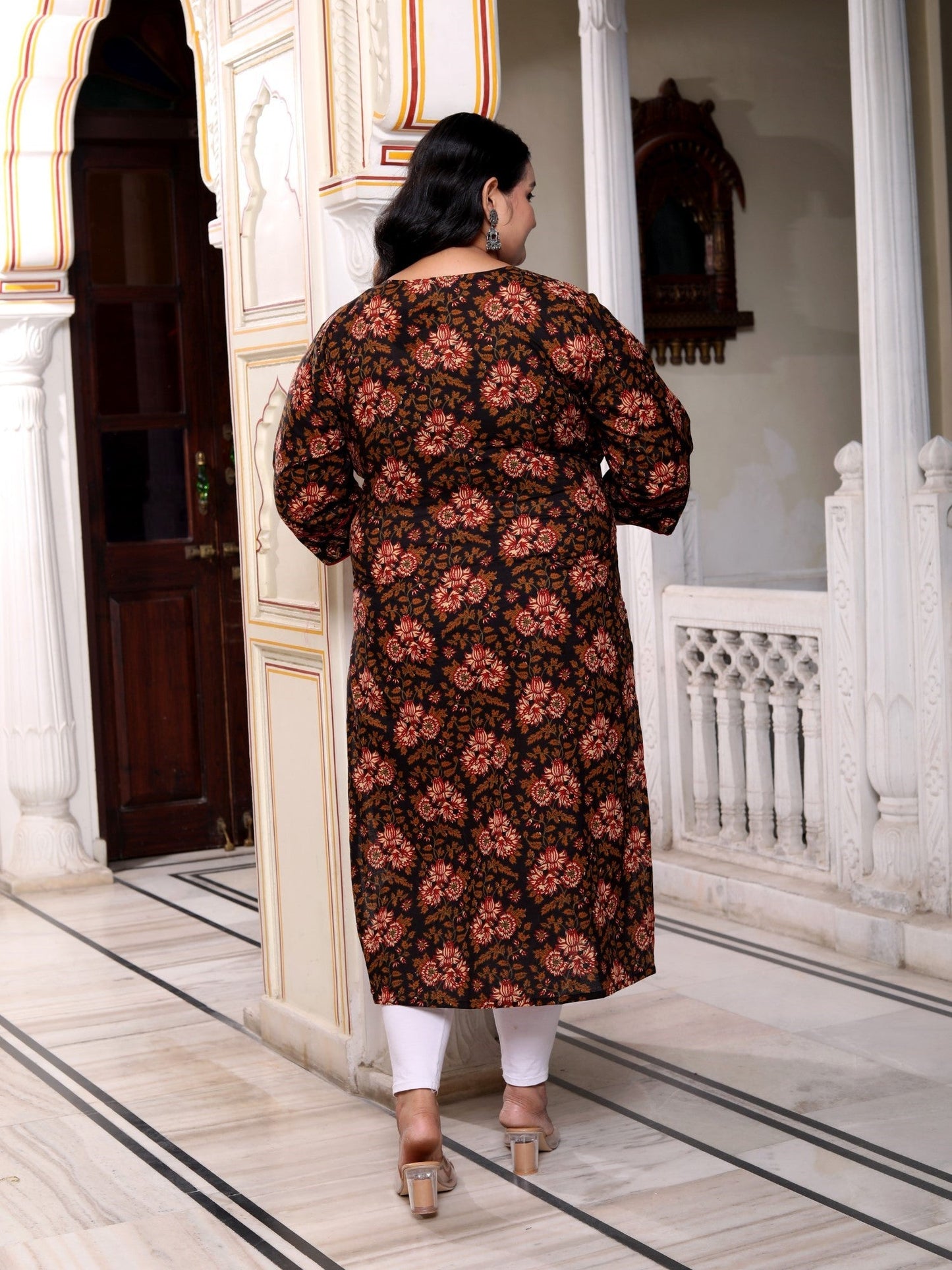 Plus Size Black Cotton Floral Print Straight Kurta-100038