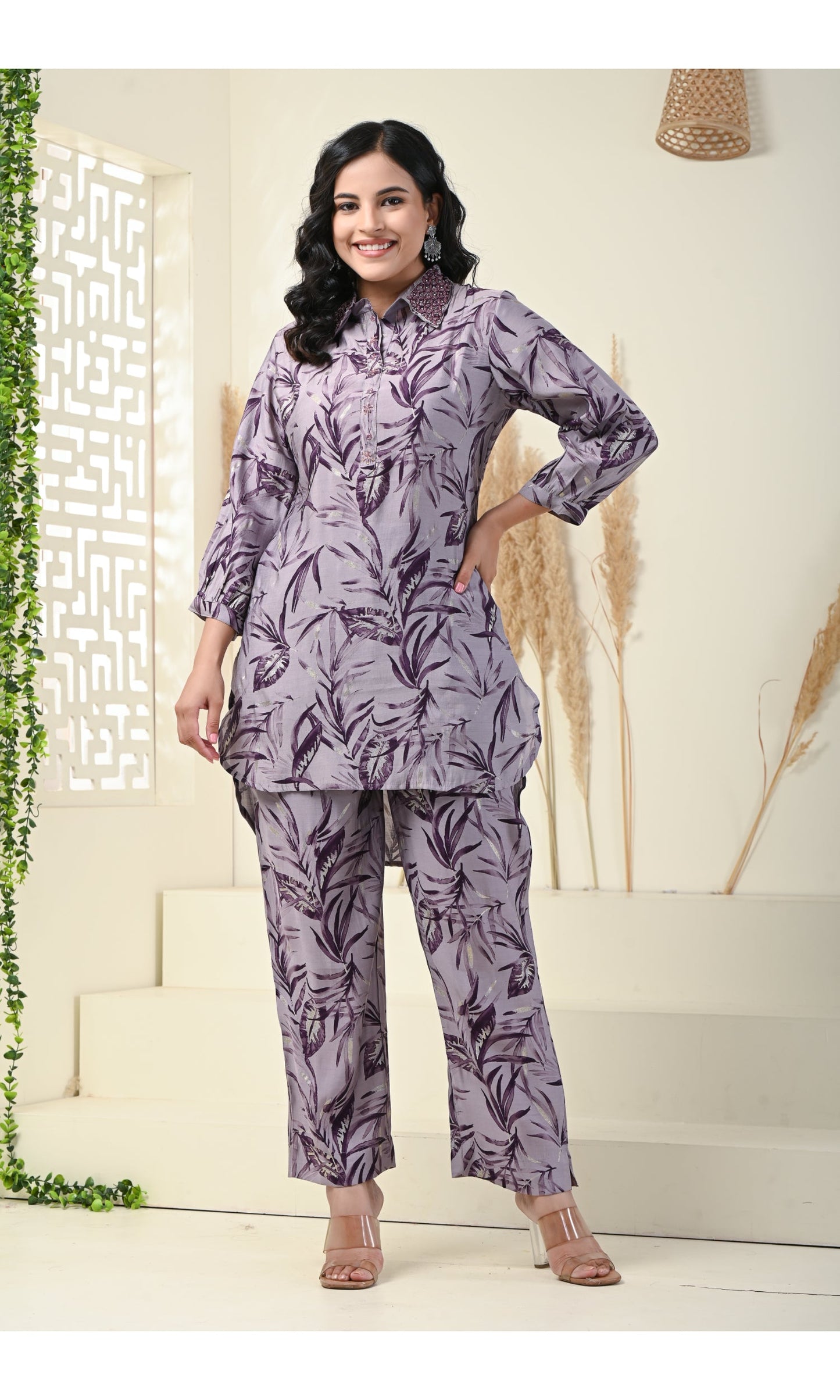 Purple Muslin Digital Print With Manual Adda Work Co-ord Set-1031