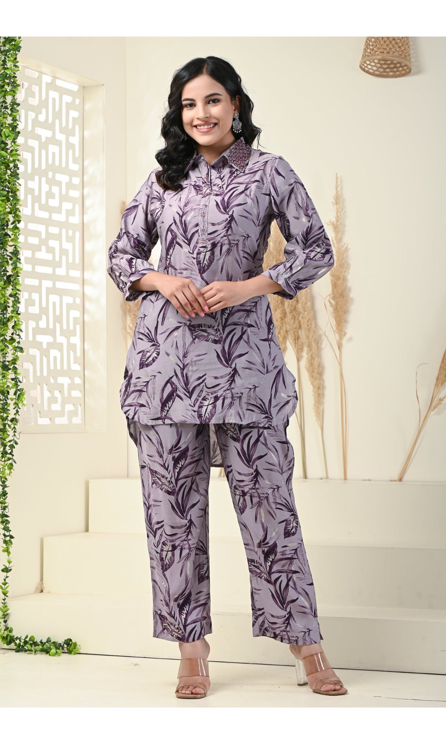 Purple Muslin Digital Print With Manual Adda Work Co-ord Set-1031