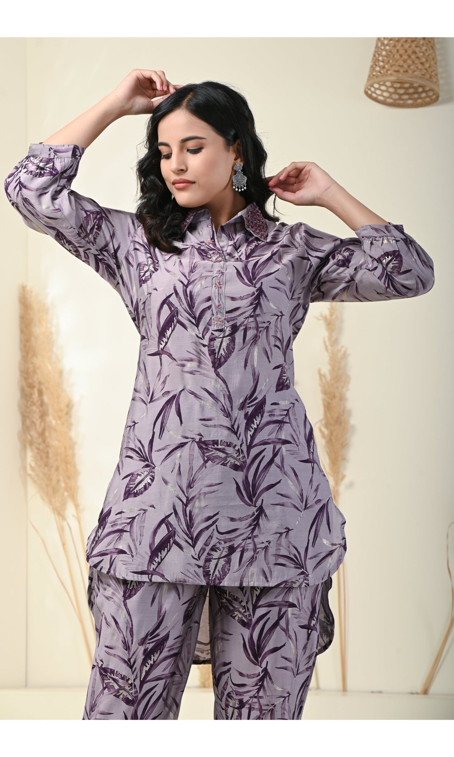 Purple Muslin Digital Print With Manual Adda Work Co-ord Set-1031