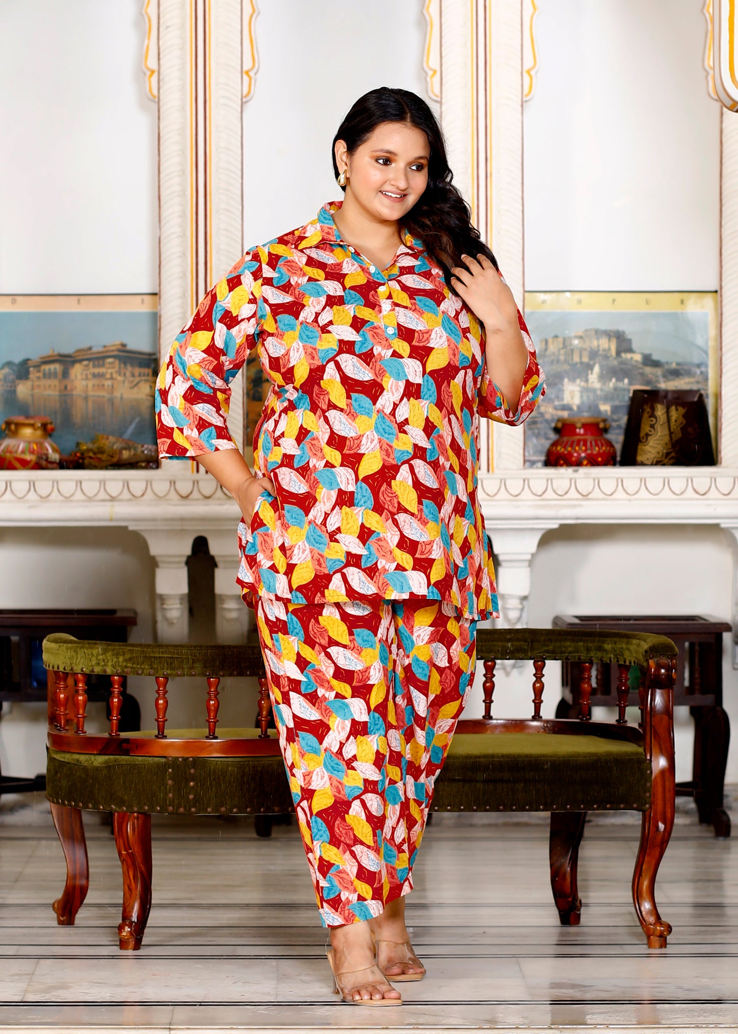 Plus Size Rust Cotton Floral Print Co-ord Set -1200012