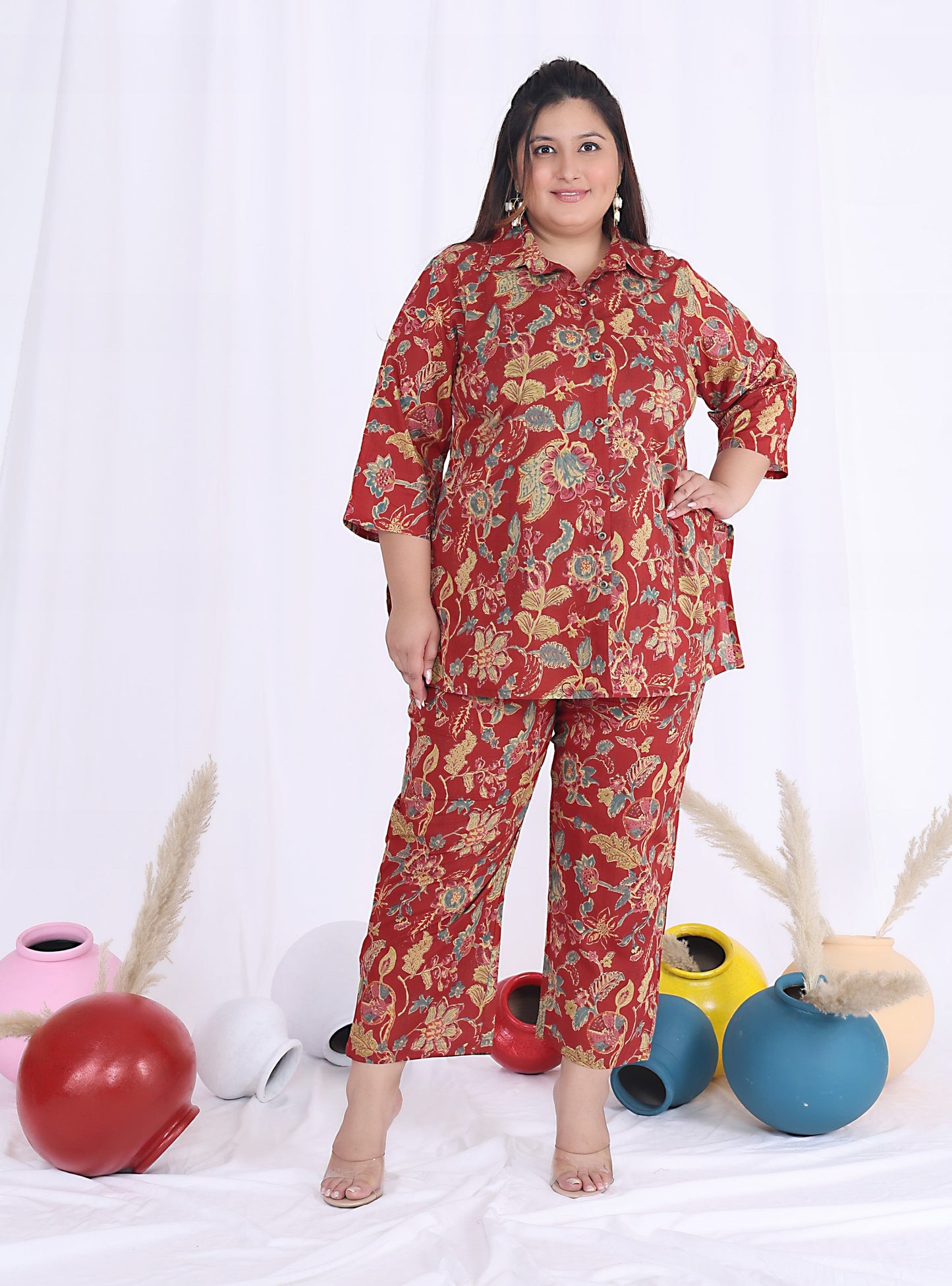 Plus Size Red Cotton Floral Print Co-ord Set -1200018