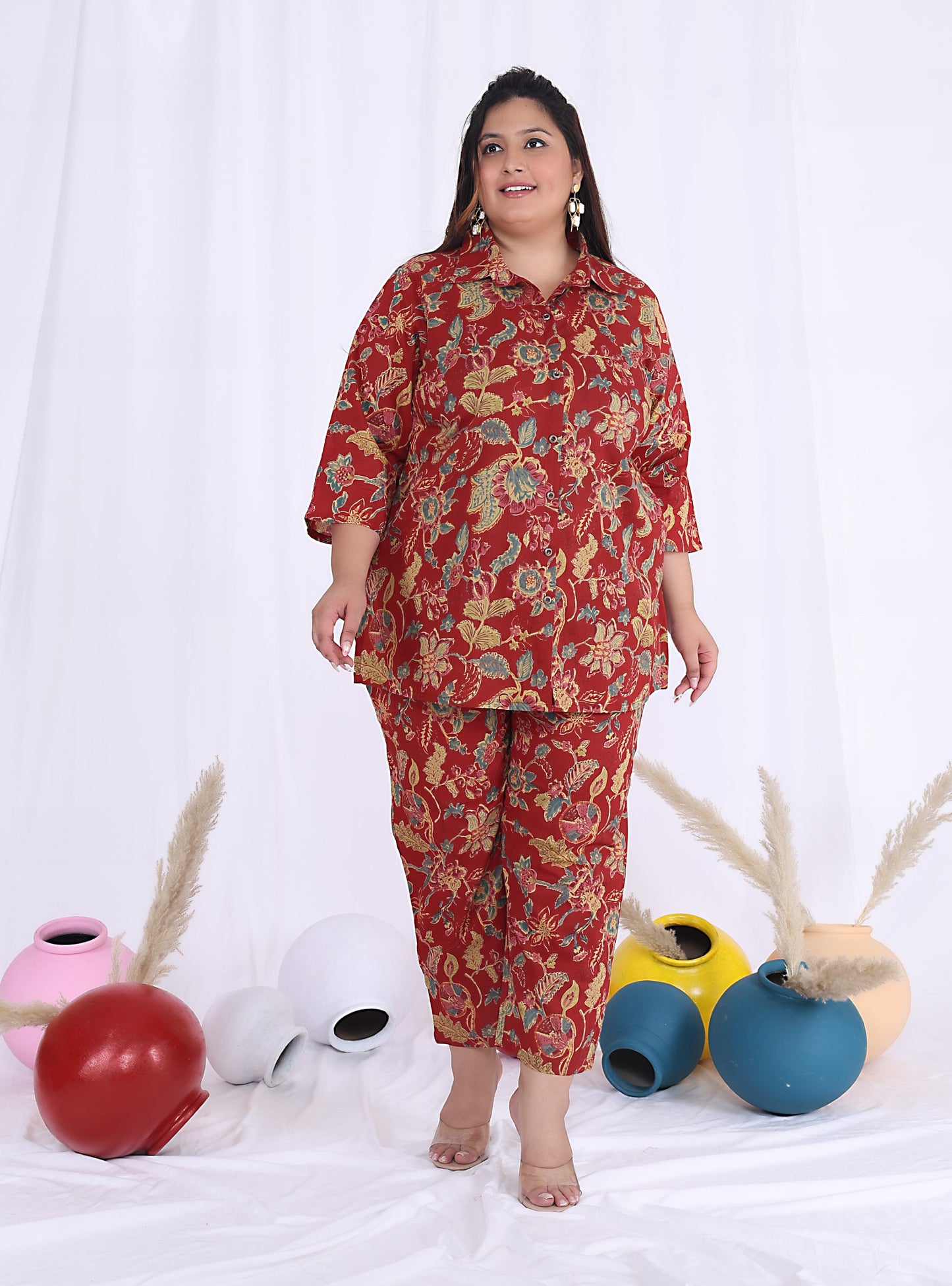 Plus Size Red Cotton Floral Print Co-ord Set -1200018