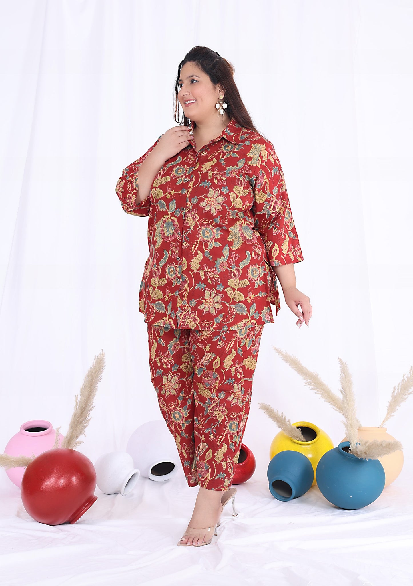 Plus Size Red Cotton Floral Print Co-ord Set -1200018