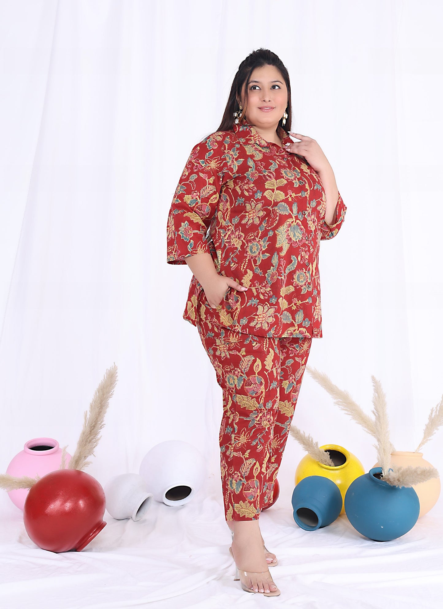 Plus Size Red Cotton Floral Print Co-ord Set -1200018