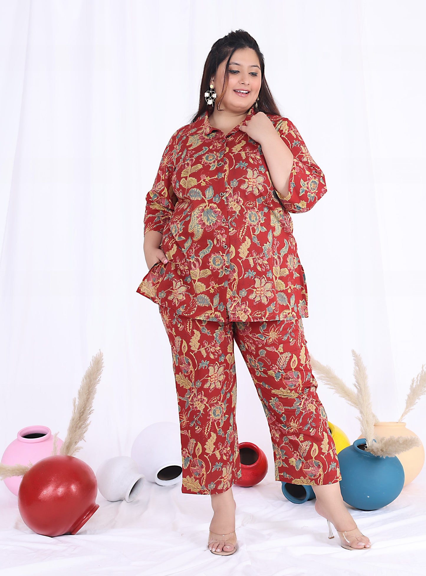 Plus Size Red Cotton Floral Print Co-ord Set -1200018