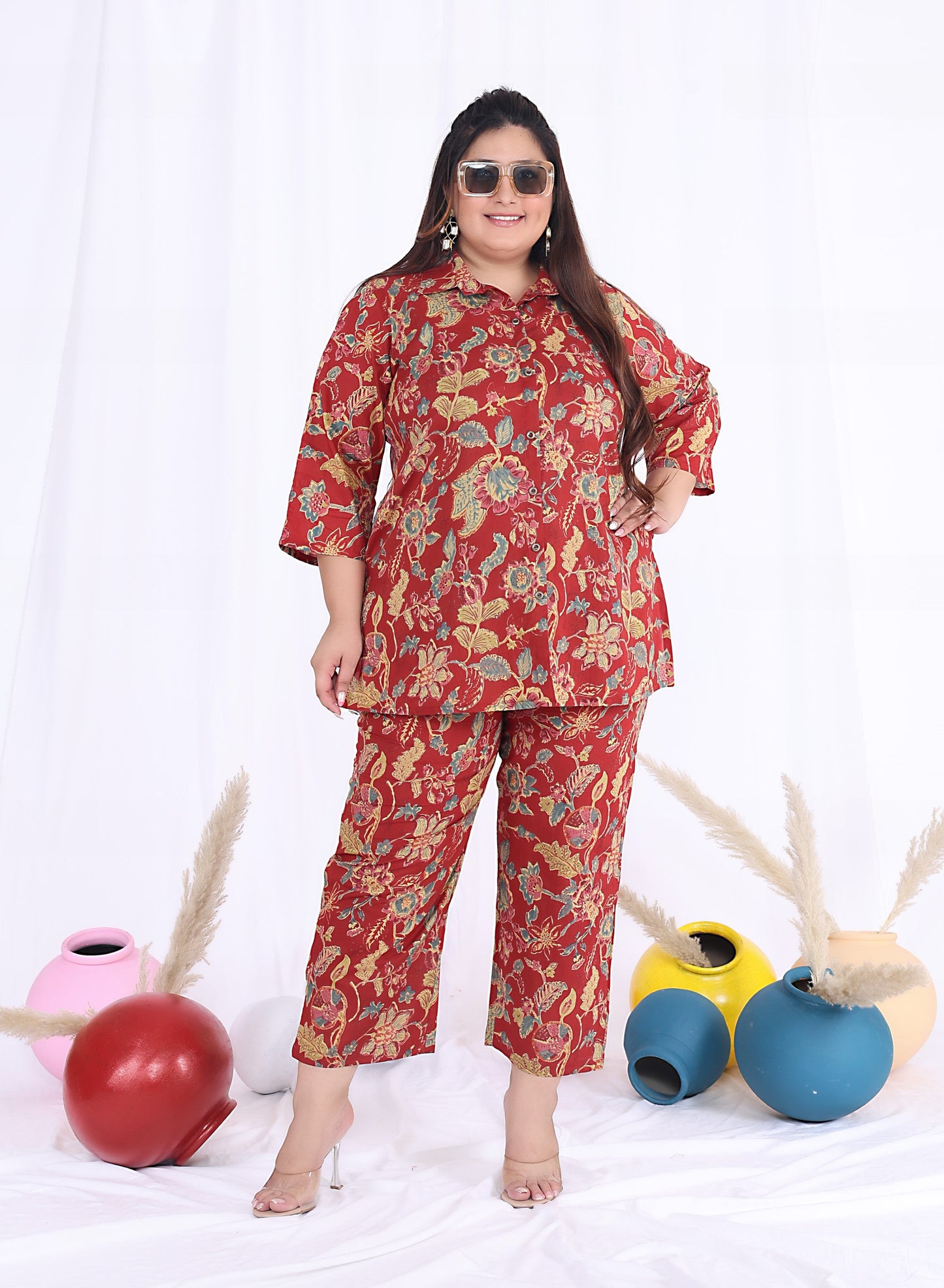 Plus Size Red Cotton Floral Print Co-ord Set -1200018