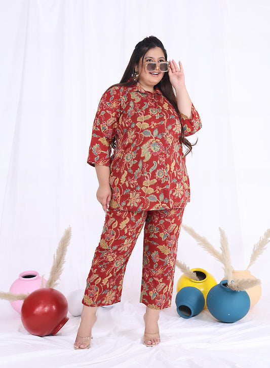 Plus Size Red Cotton Floral Print Co-ord Set -1200018