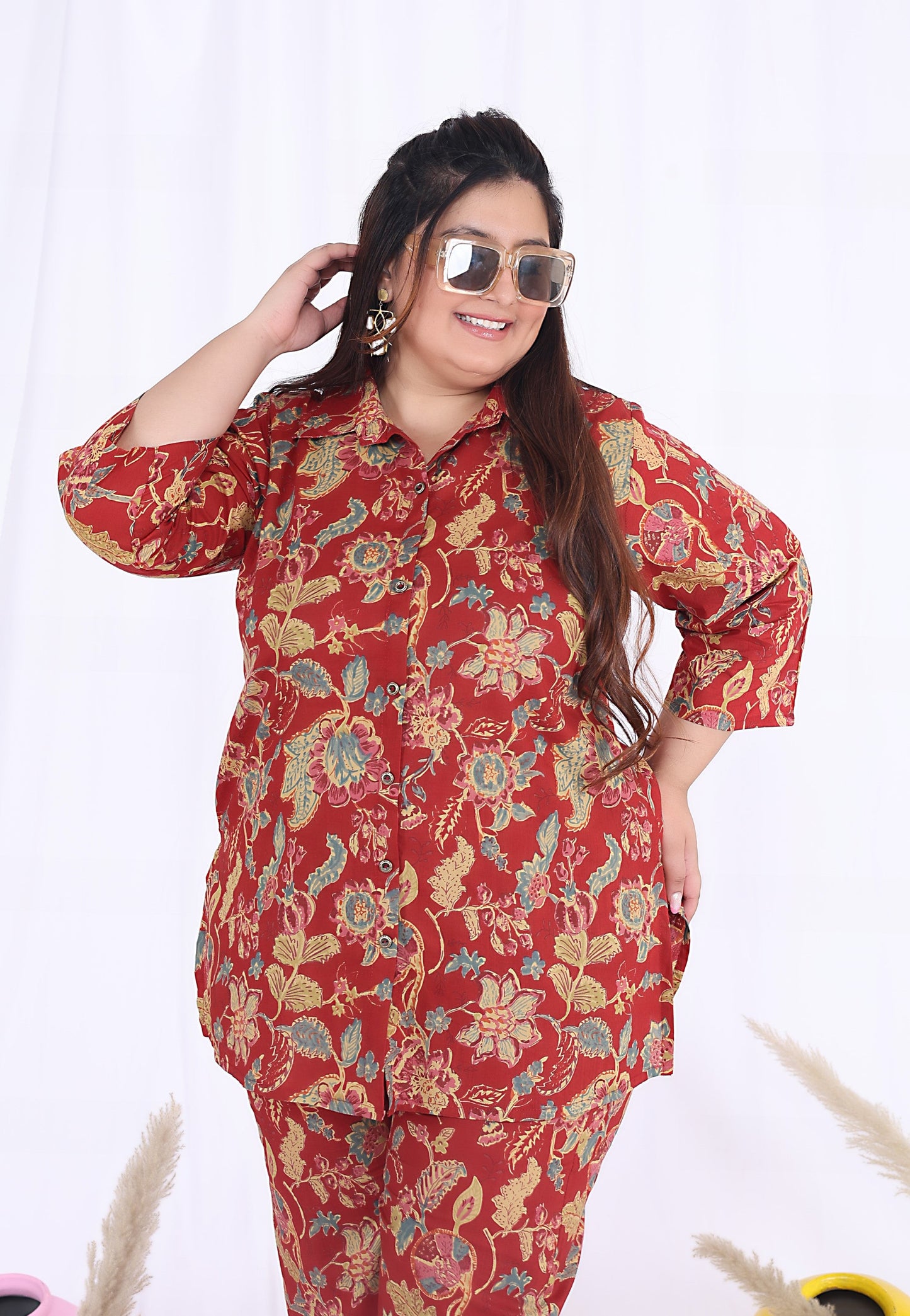 Plus Size Red Cotton Floral Print Co-ord Set -1200018