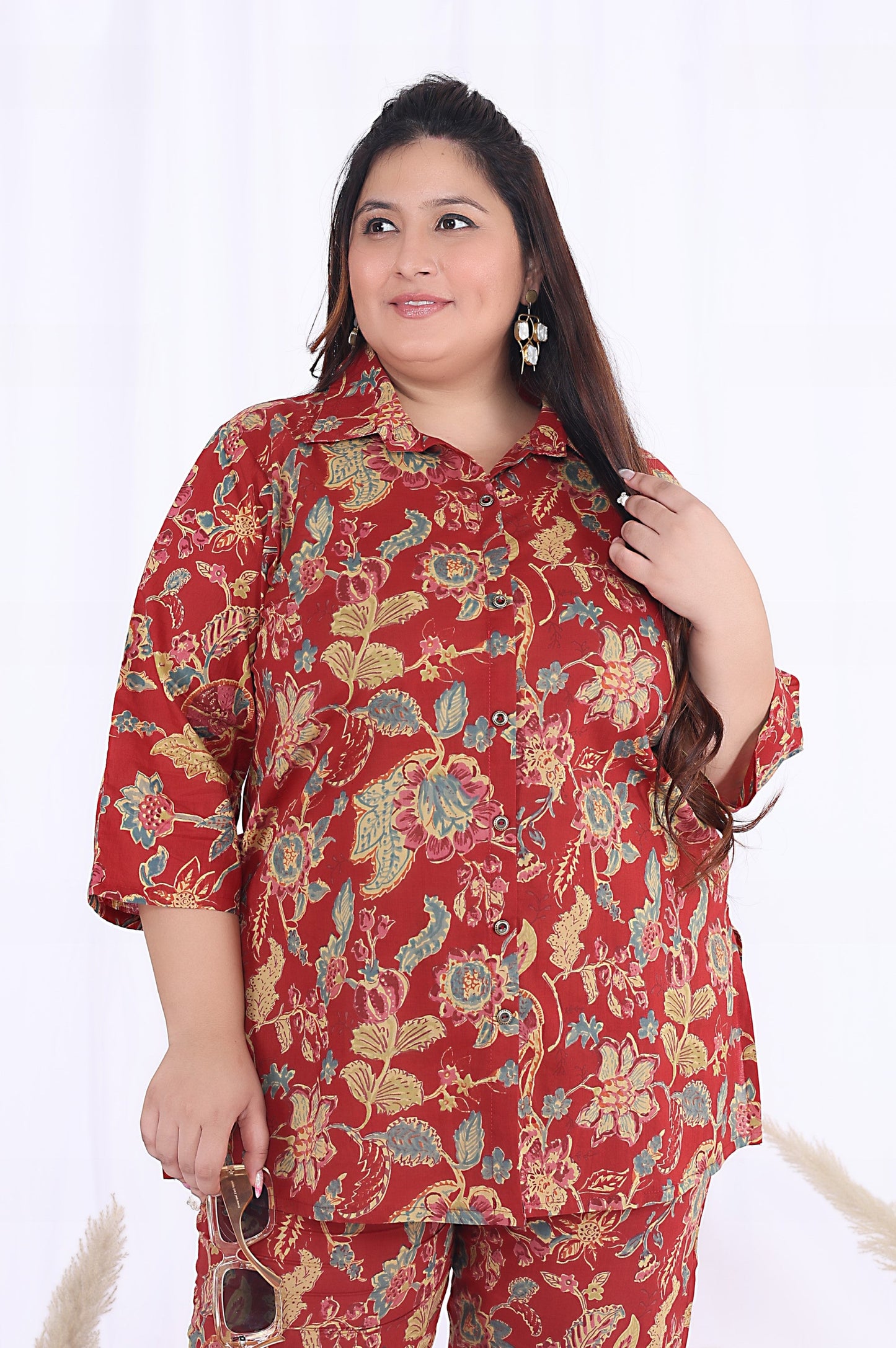 Plus Size Red Cotton Floral Print Co-ord Set -1200018