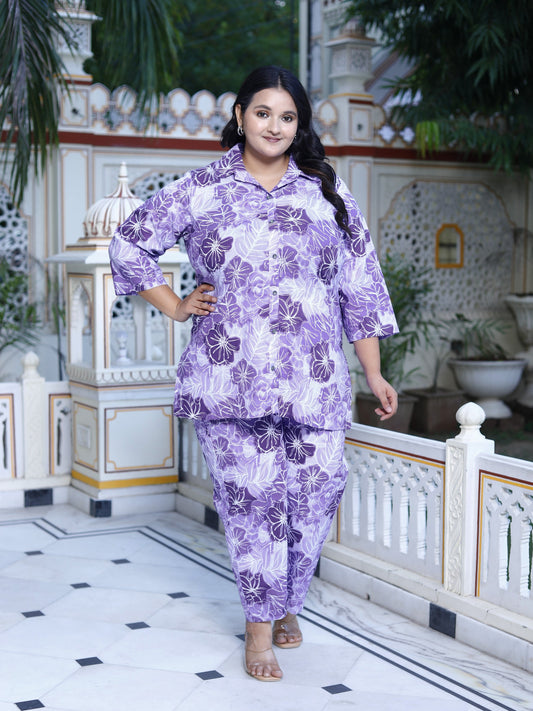 Plus Size Purple Cotton Floral Print Co-ord Set -1200019