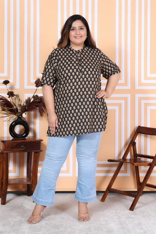 Plus Size Black Cotton Printed Short Kurta-300008