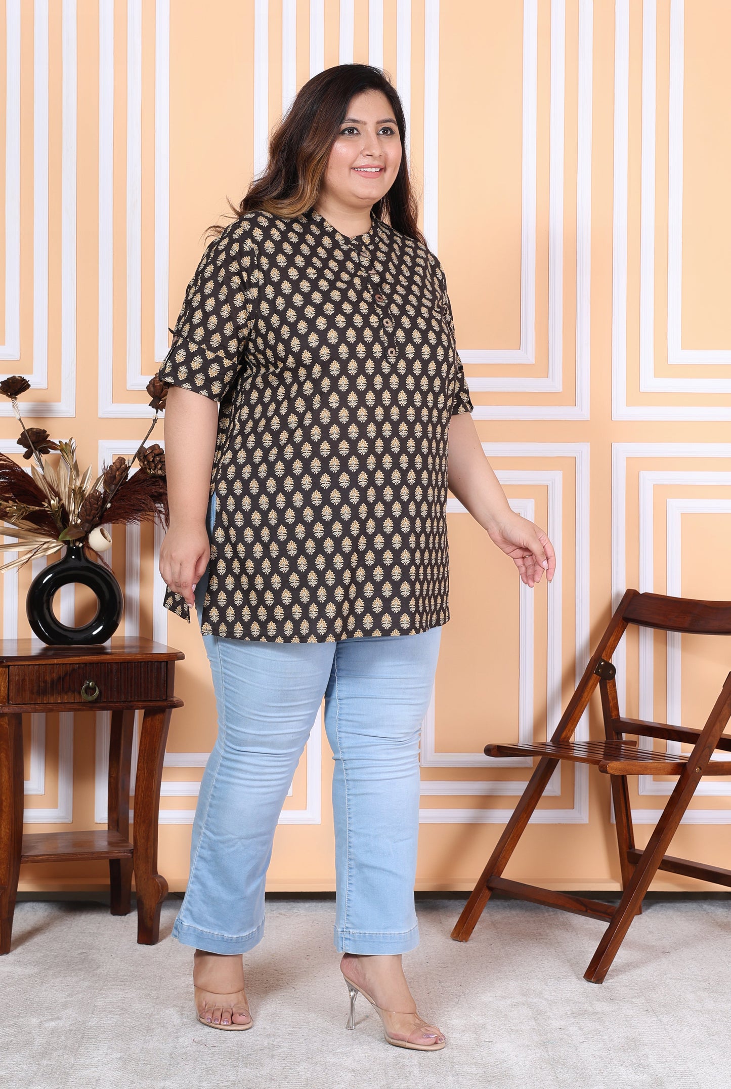 Plus Size Black Cotton Printed Short Kurta-300008