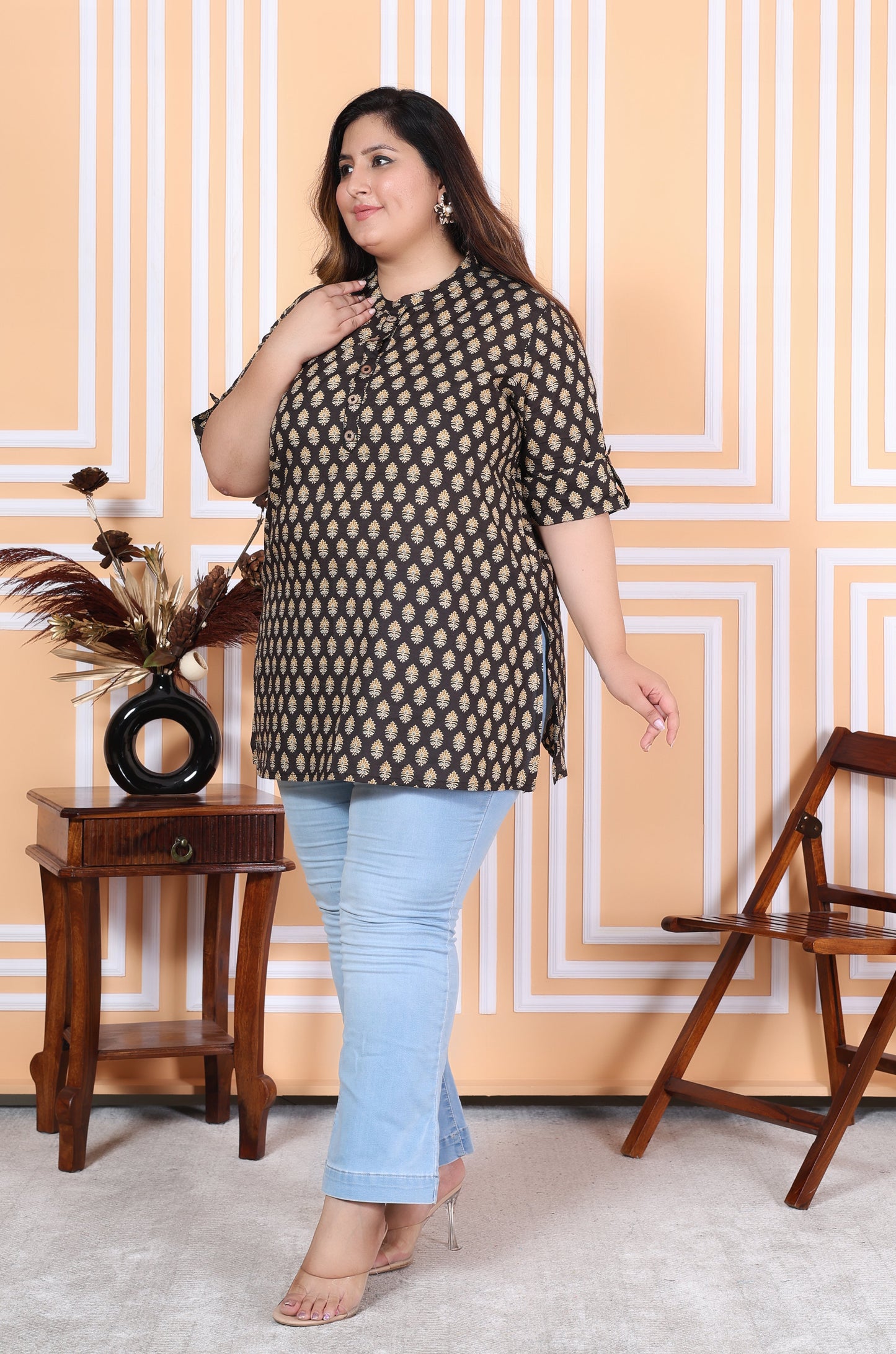 Plus Size Black Cotton Printed Short Kurta-300008