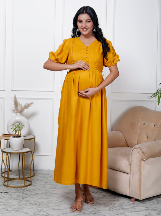 Regular Size Yellow Solid Print Flared Maternity Gown-1400001