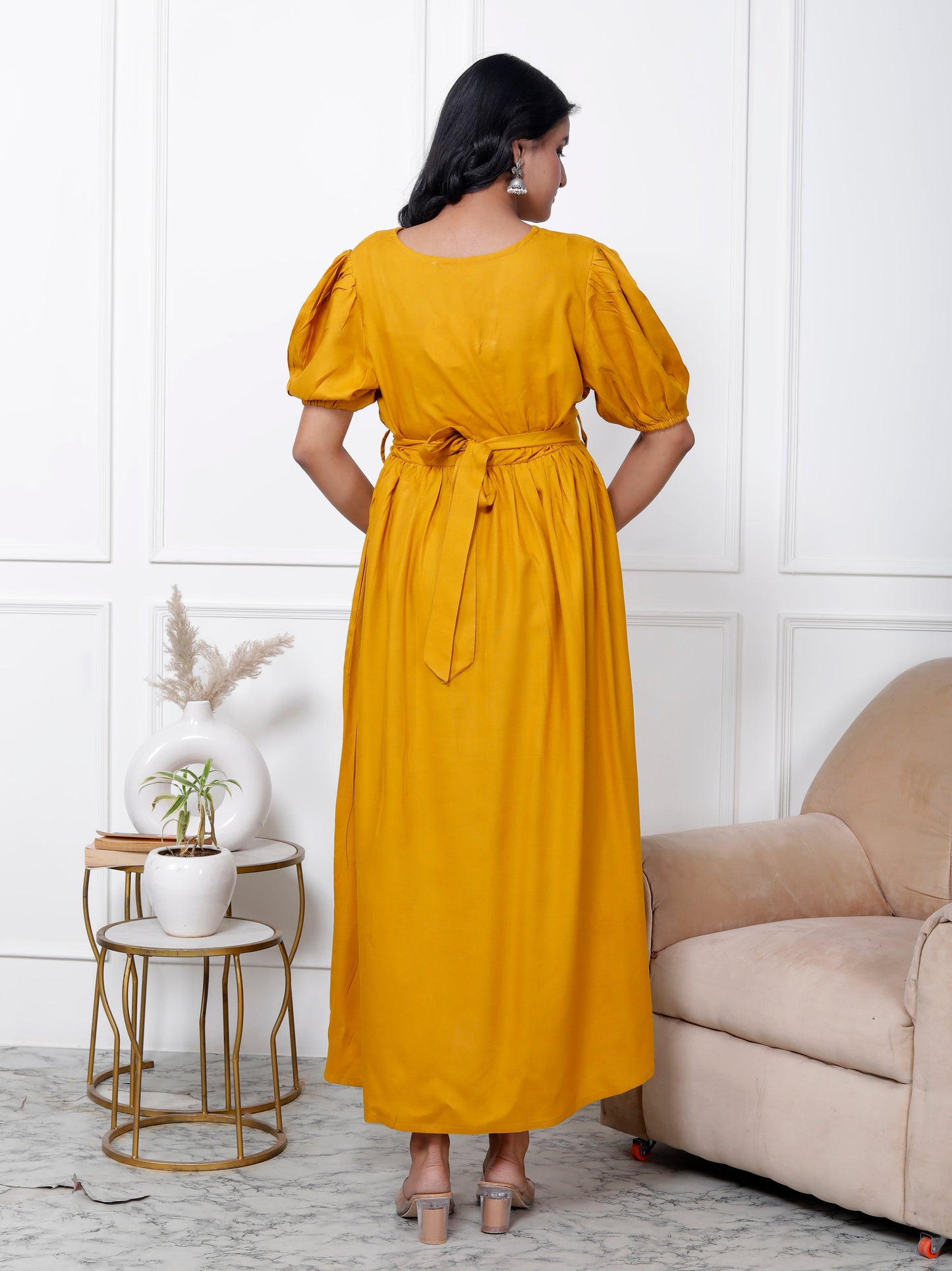 Regular Size Yellow Solid Print Flared Maternity Gown-1400001