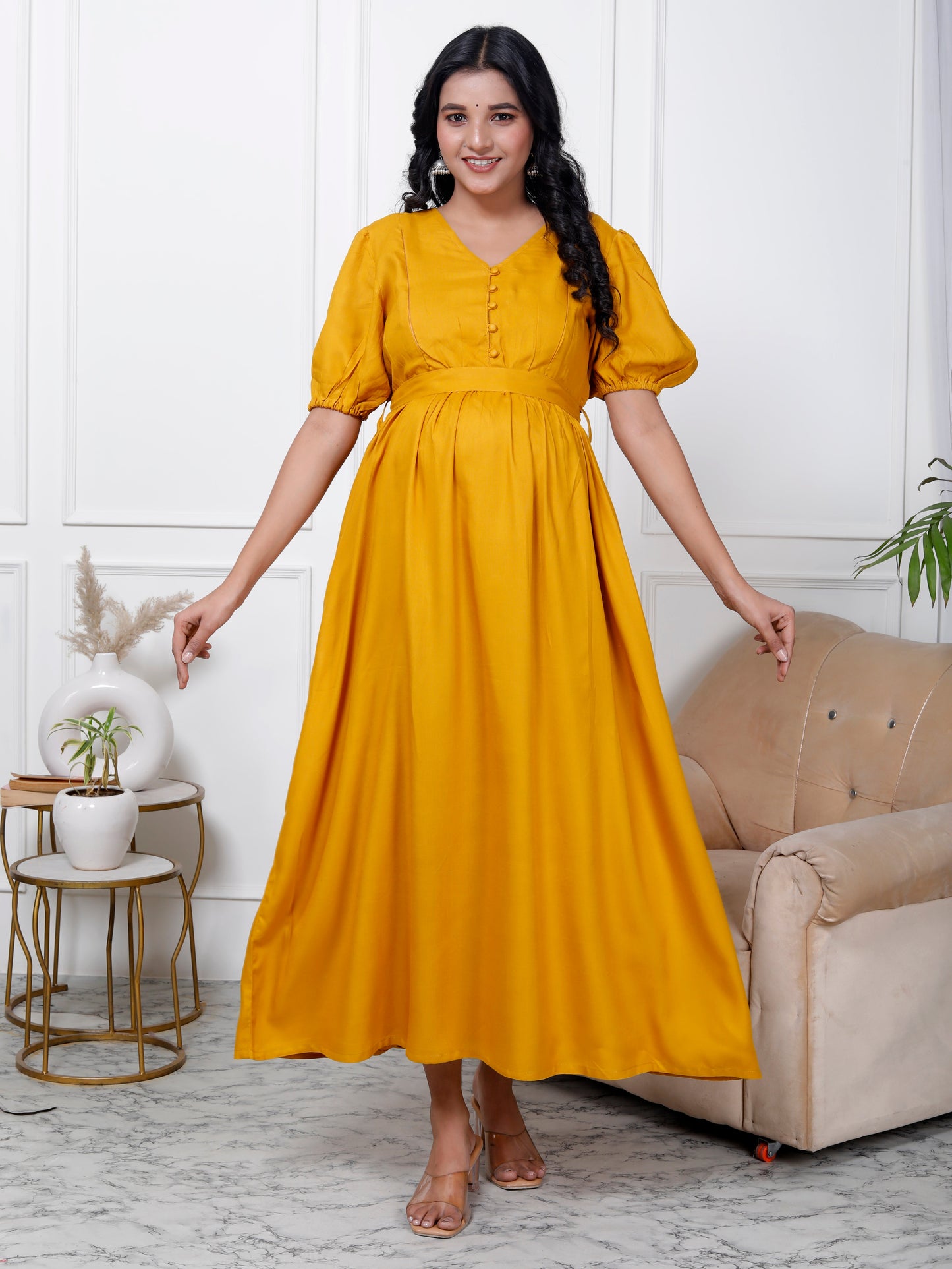 Regular Size Yellow Solid Print Flared Maternity Gown-1400001