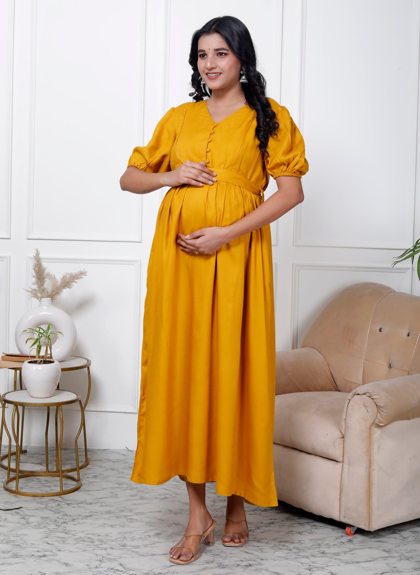 Regular Size Yellow Solid Print Flared Maternity Gown-1400001