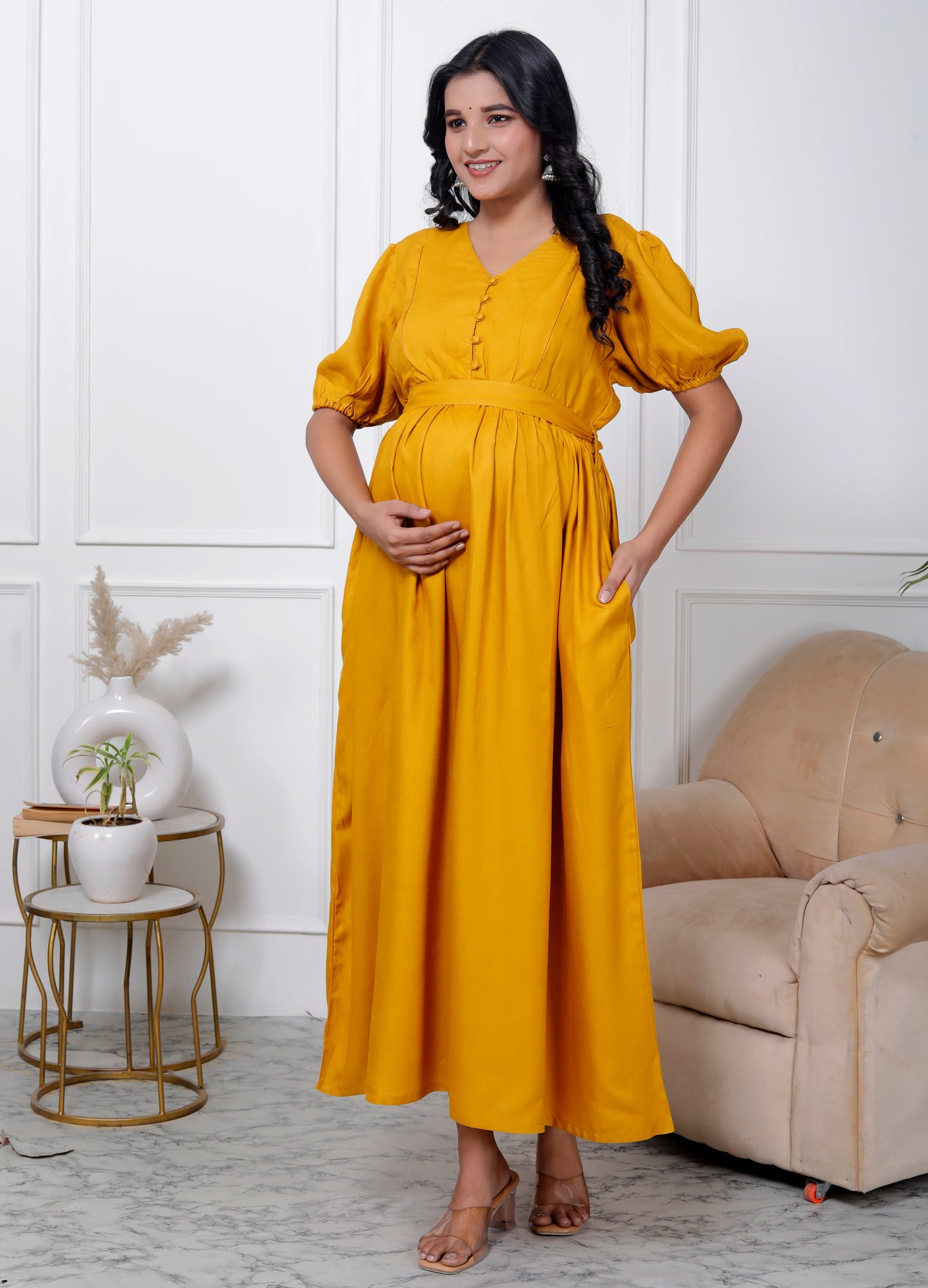 Regular Size Yellow Solid Print Flared Maternity Gown-1400001