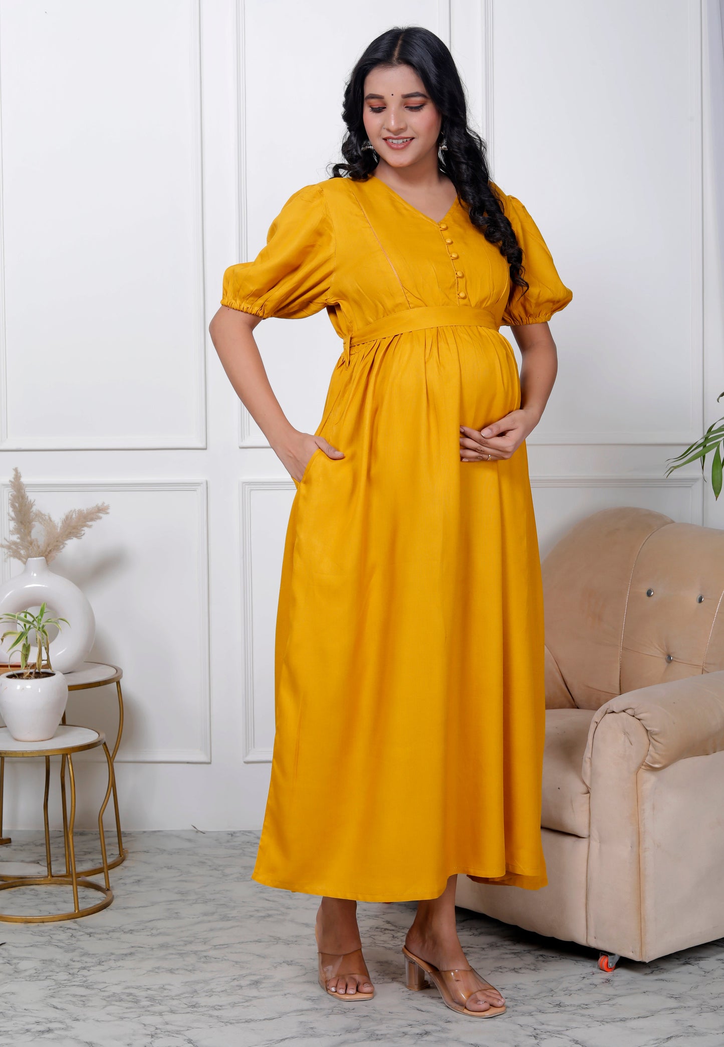 Regular Size Yellow Solid Print Flared Maternity Gown-1400001