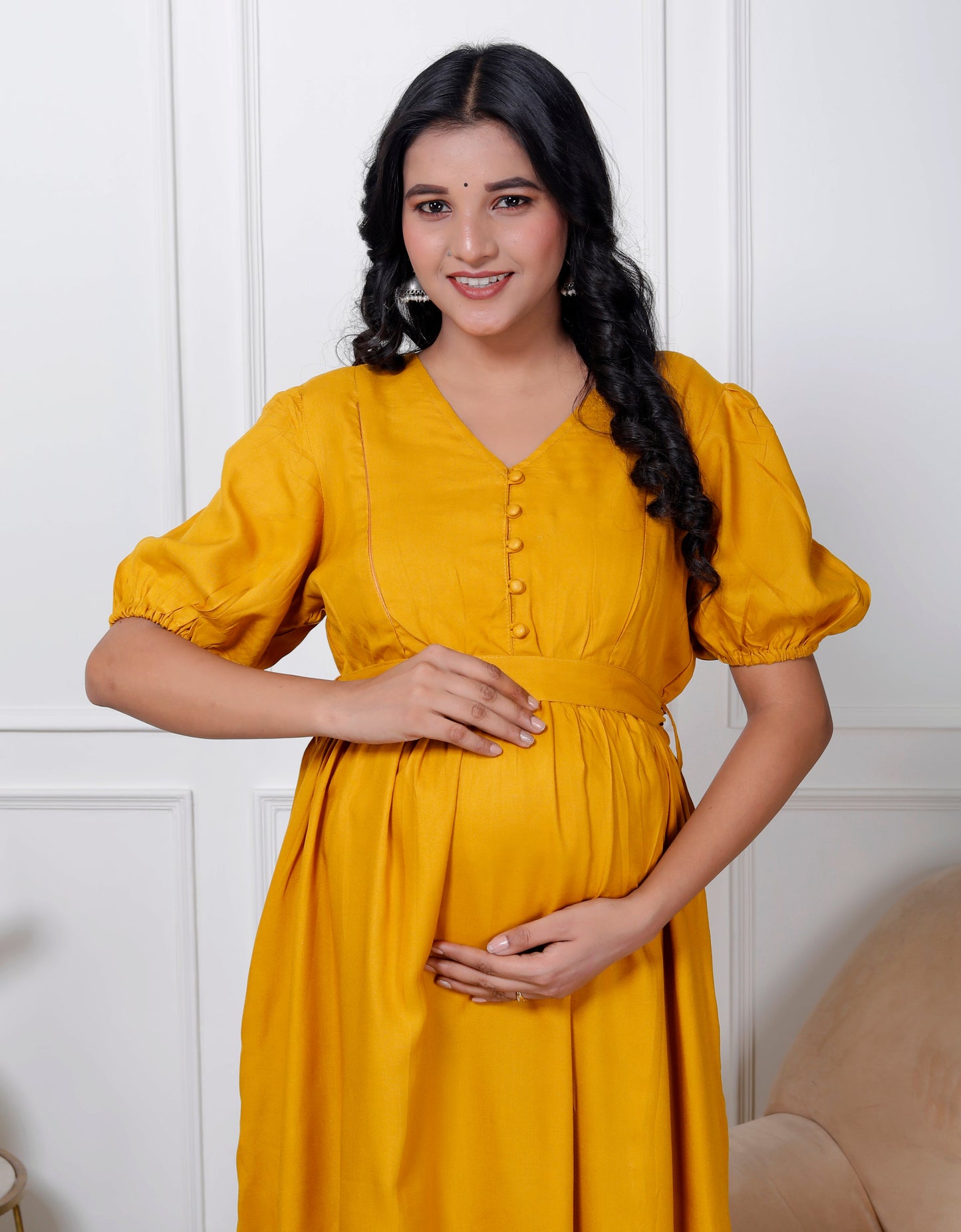 Regular Size Yellow Solid Print Flared Maternity Gown-1400001