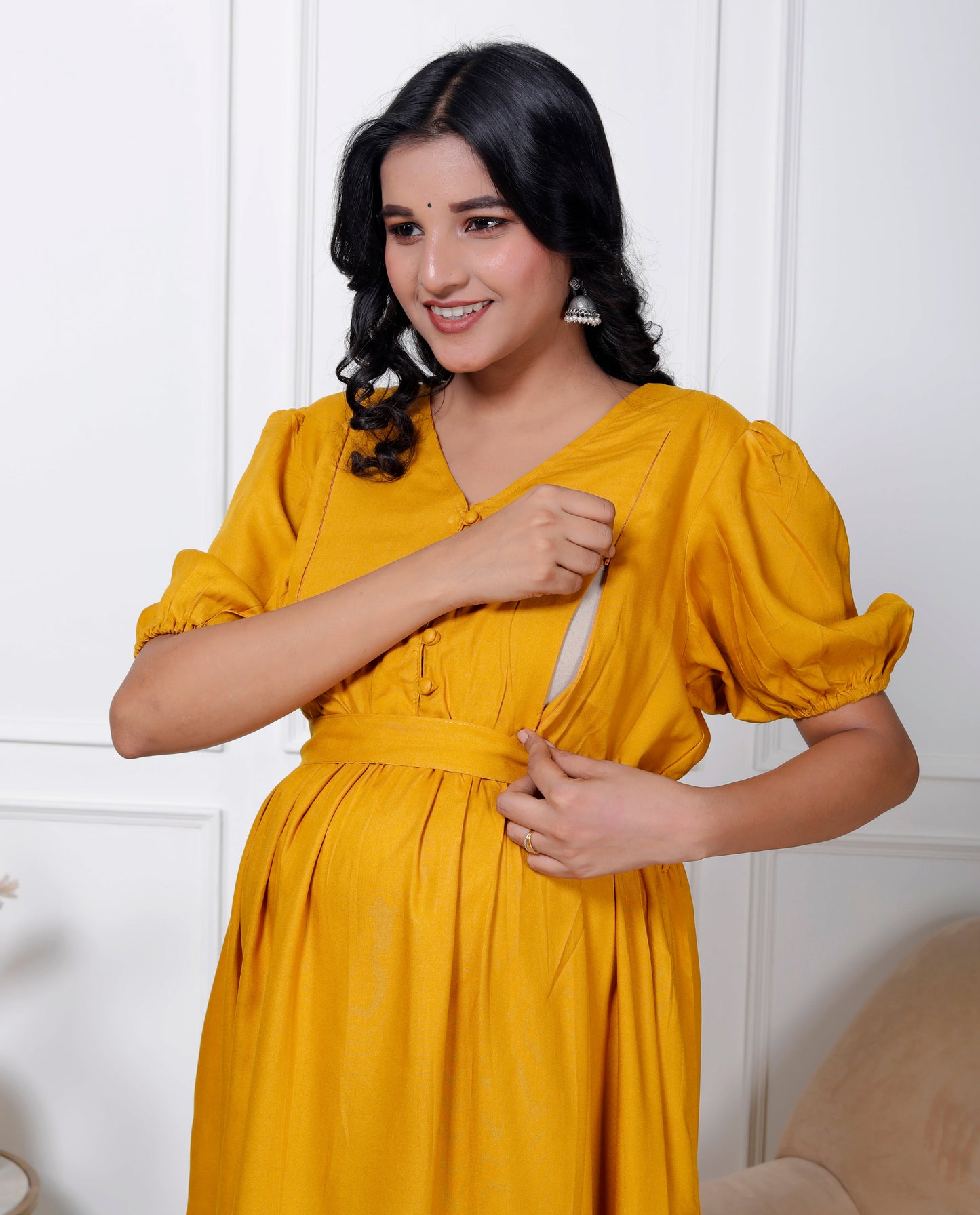 Regular Size Yellow Solid Print Flared Maternity Gown-1400001