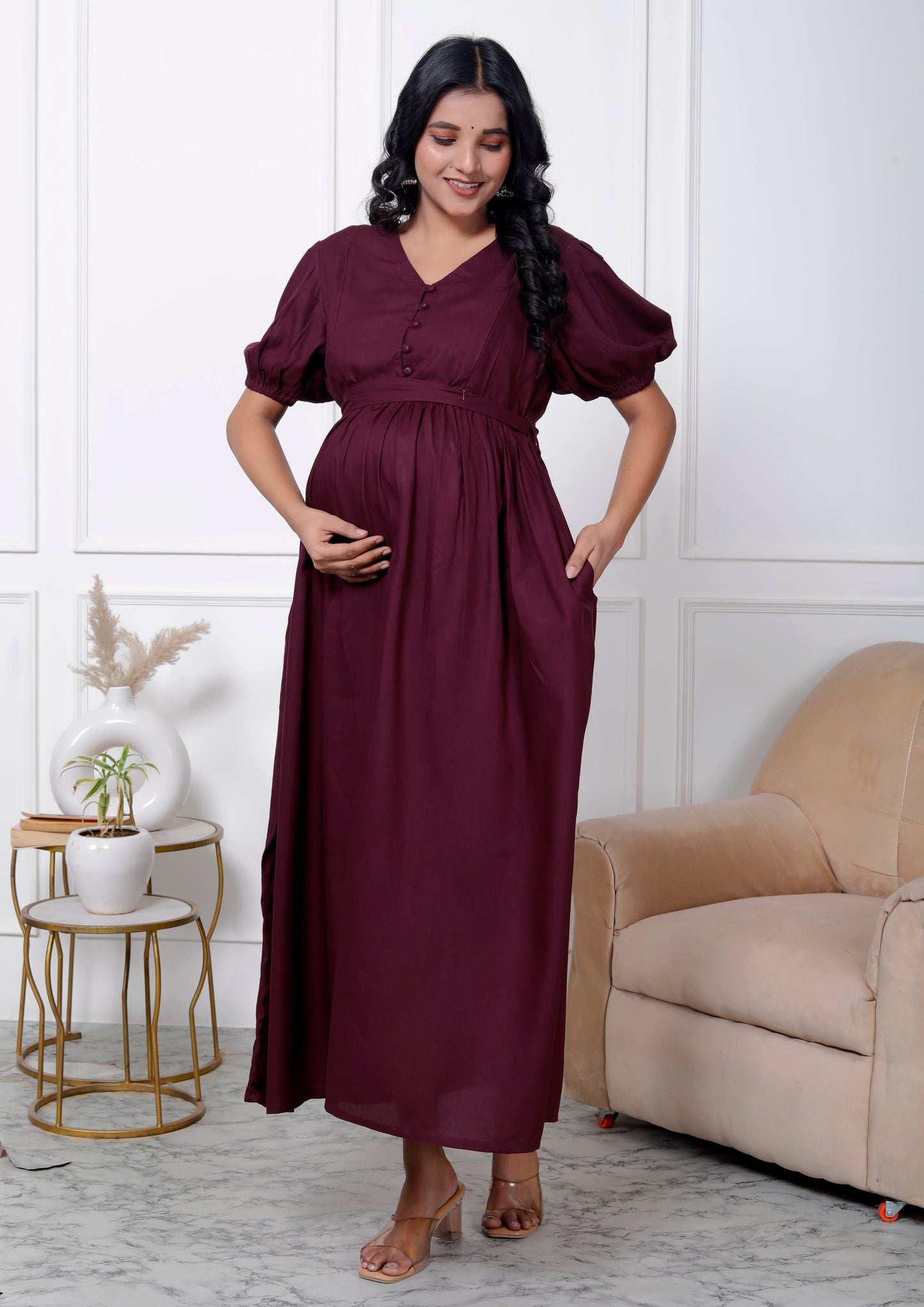 Regular Size Purple Solid Print Flared Maternity Gown-1400002