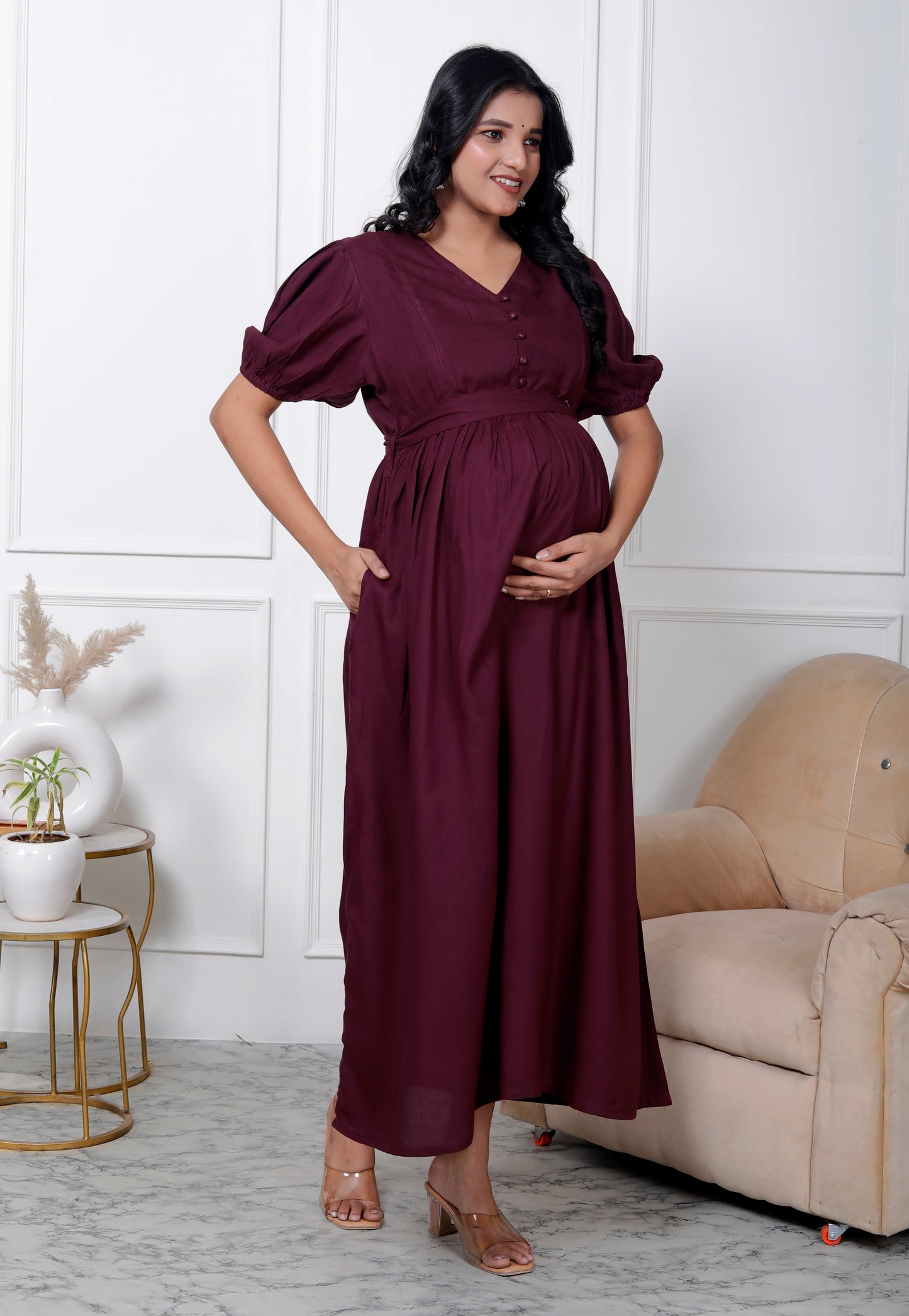 Regular Size Purple Solid Print Flared Maternity Gown-1400002